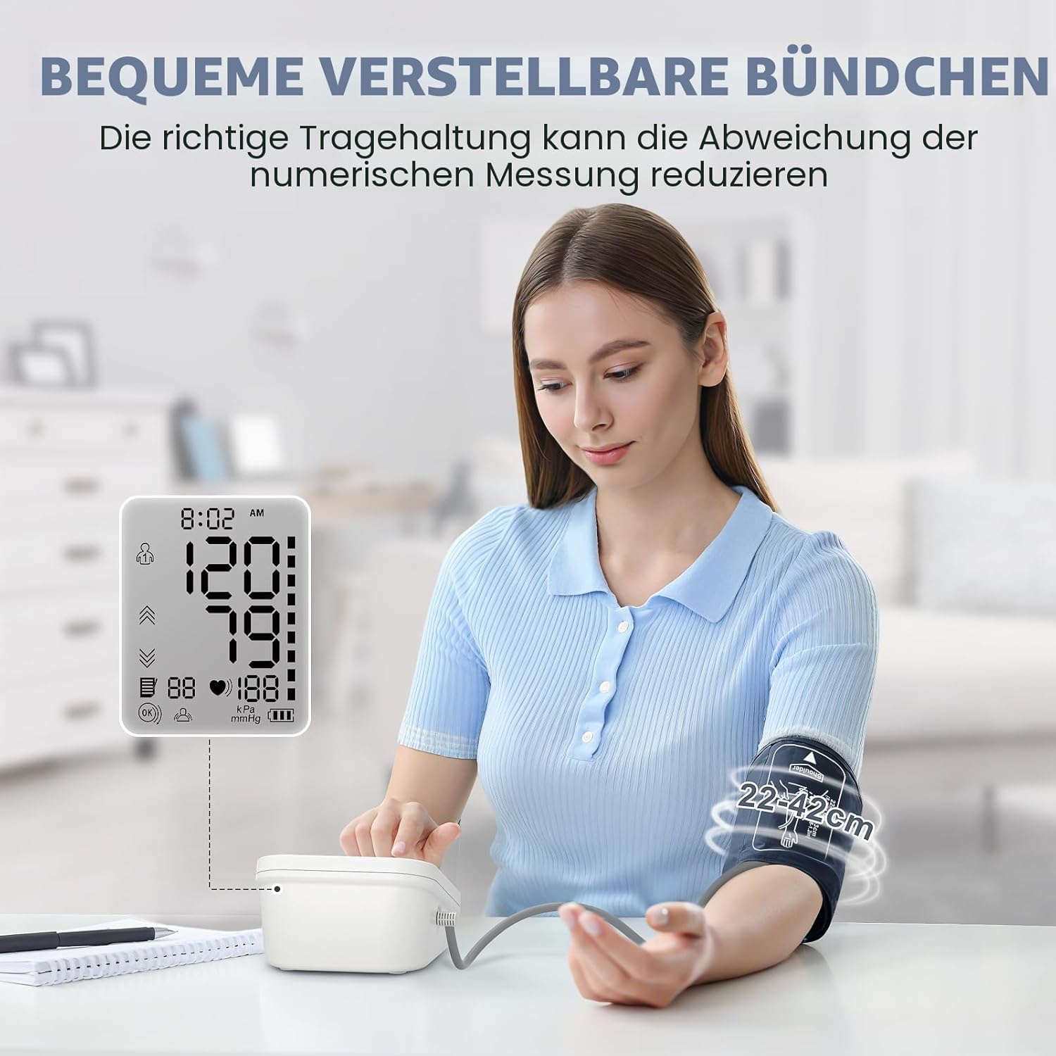 Oberarm-Blutdruckmessgerät mit LCD-Display und verstellbarer Manschette (22–42 cm), automatisches Blutdruckmessgerät mit One-Touch-Bedienung – Bild 4