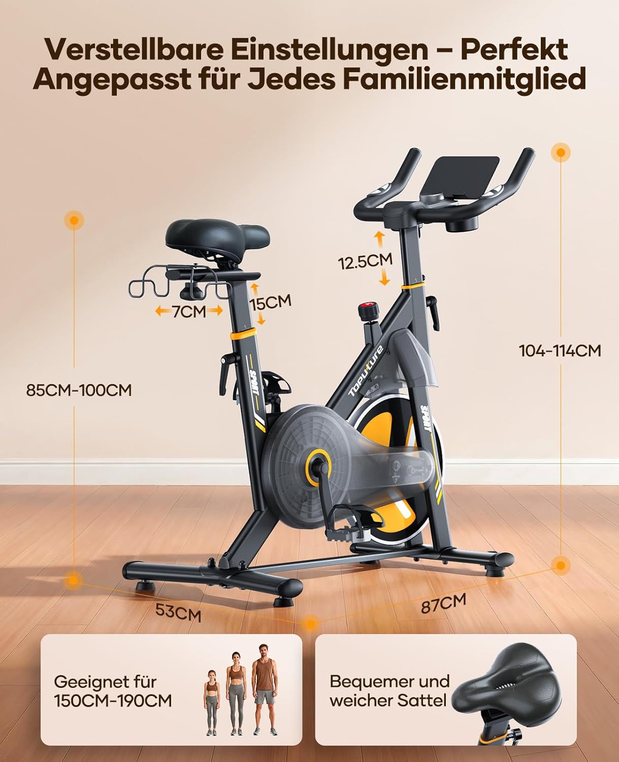 Toputure Neuer Heimtrainer mit elektrischem LED-Touchscreen und App, Herzfrequenzmesser, 32 elektrischer Magnetwiderstands-Heimtrainer, leises Ergometer, doppelter Flaschenhalter, Langhantelständer, bis zu 150 kg – Bild 9