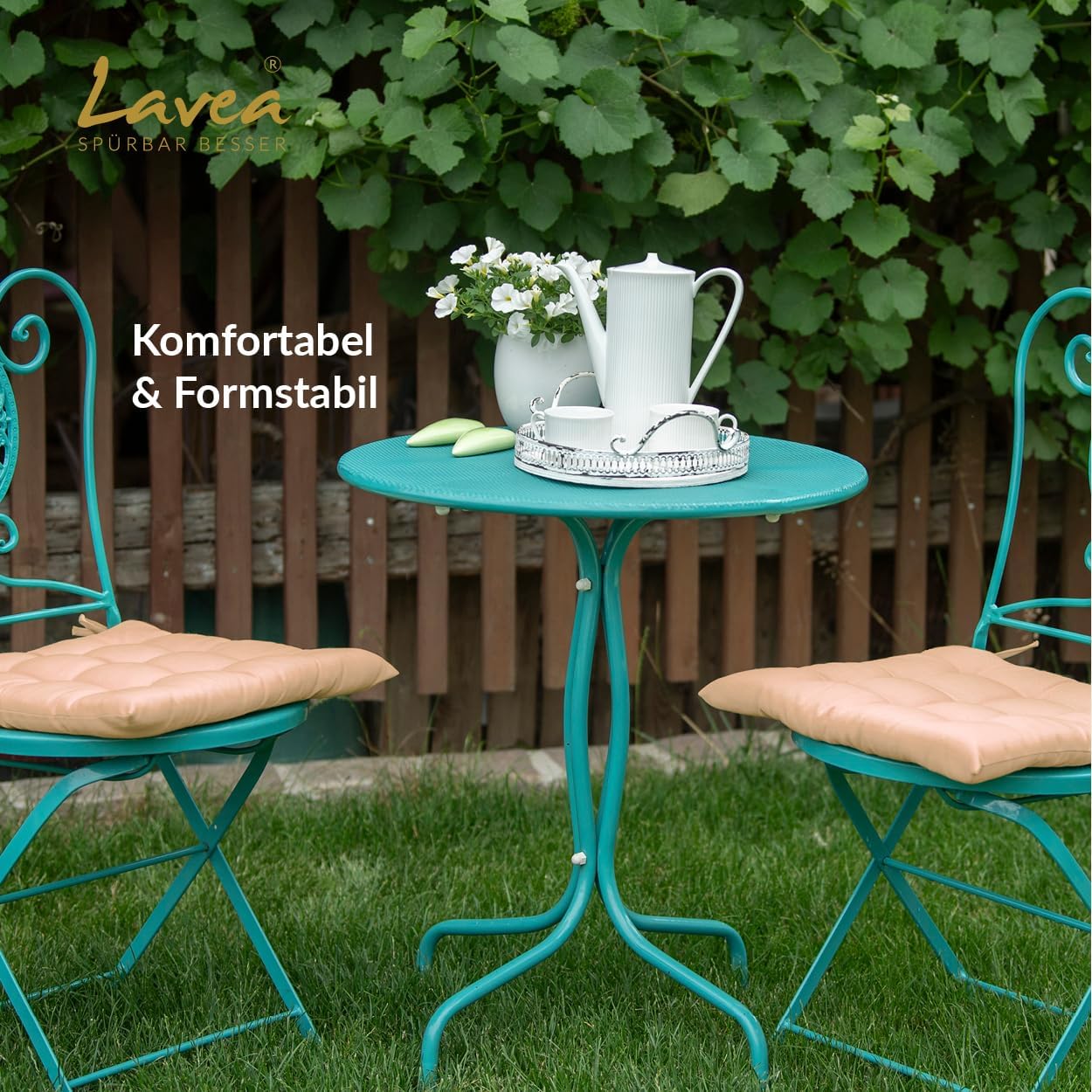 Lavea Sitzkissen & Stuhlkissen 40 x 40 cm – 4er-Set – mit Stoffbändern – Buiten & Indoor – waschbar & wetterfest – für Gartenstuhl, Balkon, Terrasse & Esszimmer – Sand – Bild 2