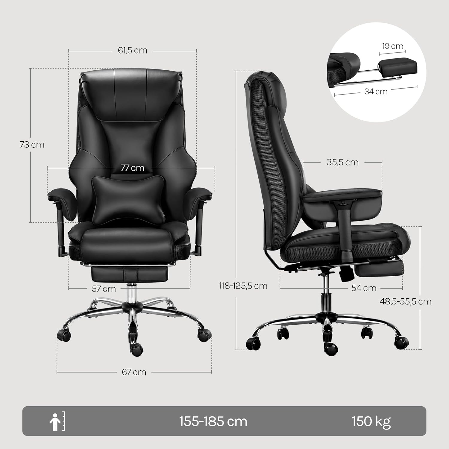 WOLTU Bürostuhl, ergonomischer Chefsessel, doppelschichtig, weiche Rückenlehne, 3-stufige Rückenlehnenverstellung mit Lordosenstütze, Fußstütze für Büro, Besprechungsraum, PU, Schwarz – Bild 2
