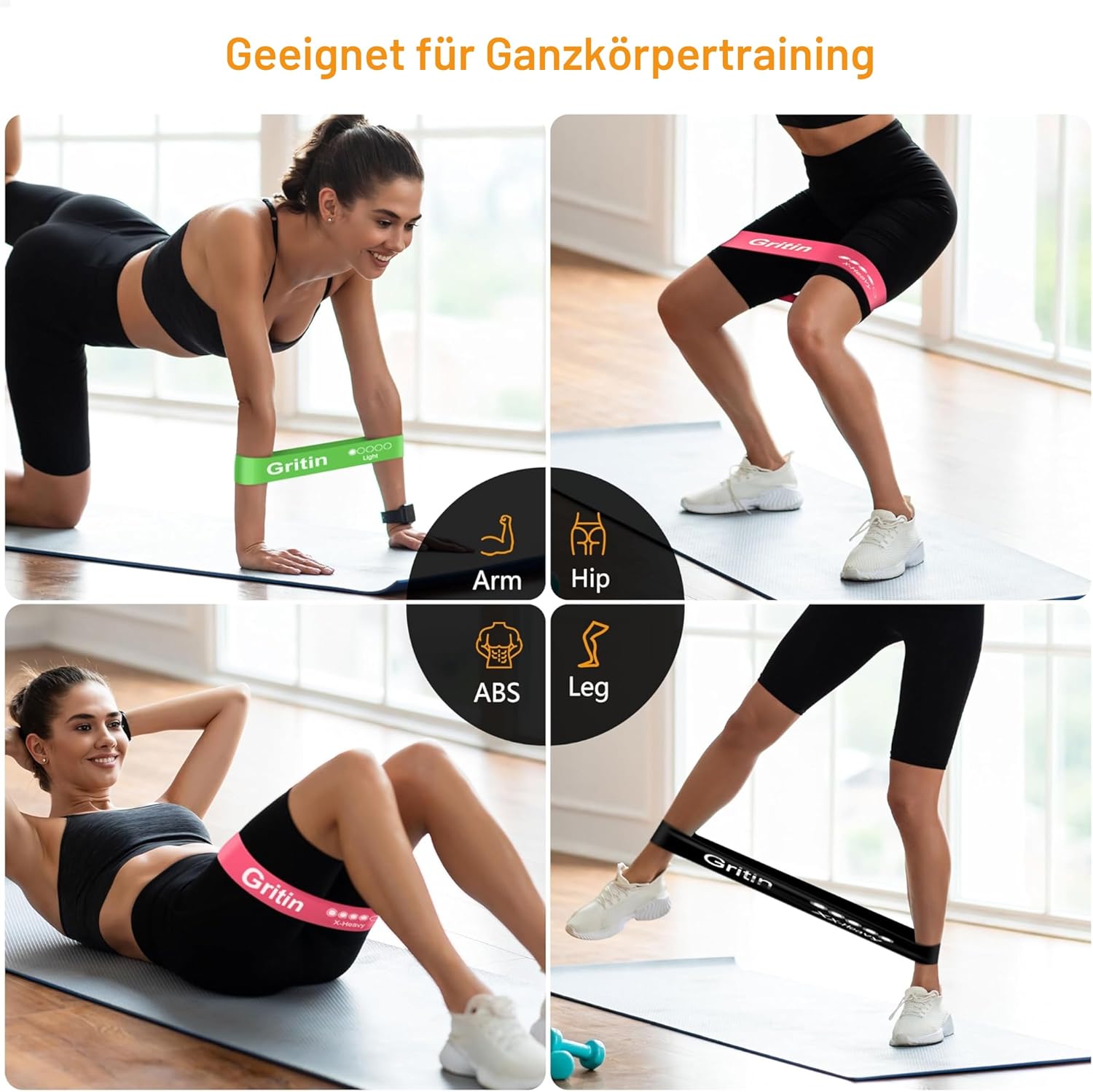 Gritin Fitnessbänder (5er Set) Widerstandsbänder mit 5 Stufen, 100% Latex Fitnessband Widerstand mit deutscher Übungsanleitung und Tragetasche, Gymnastikband für Muskelaufbau, Yoga – Bild 6