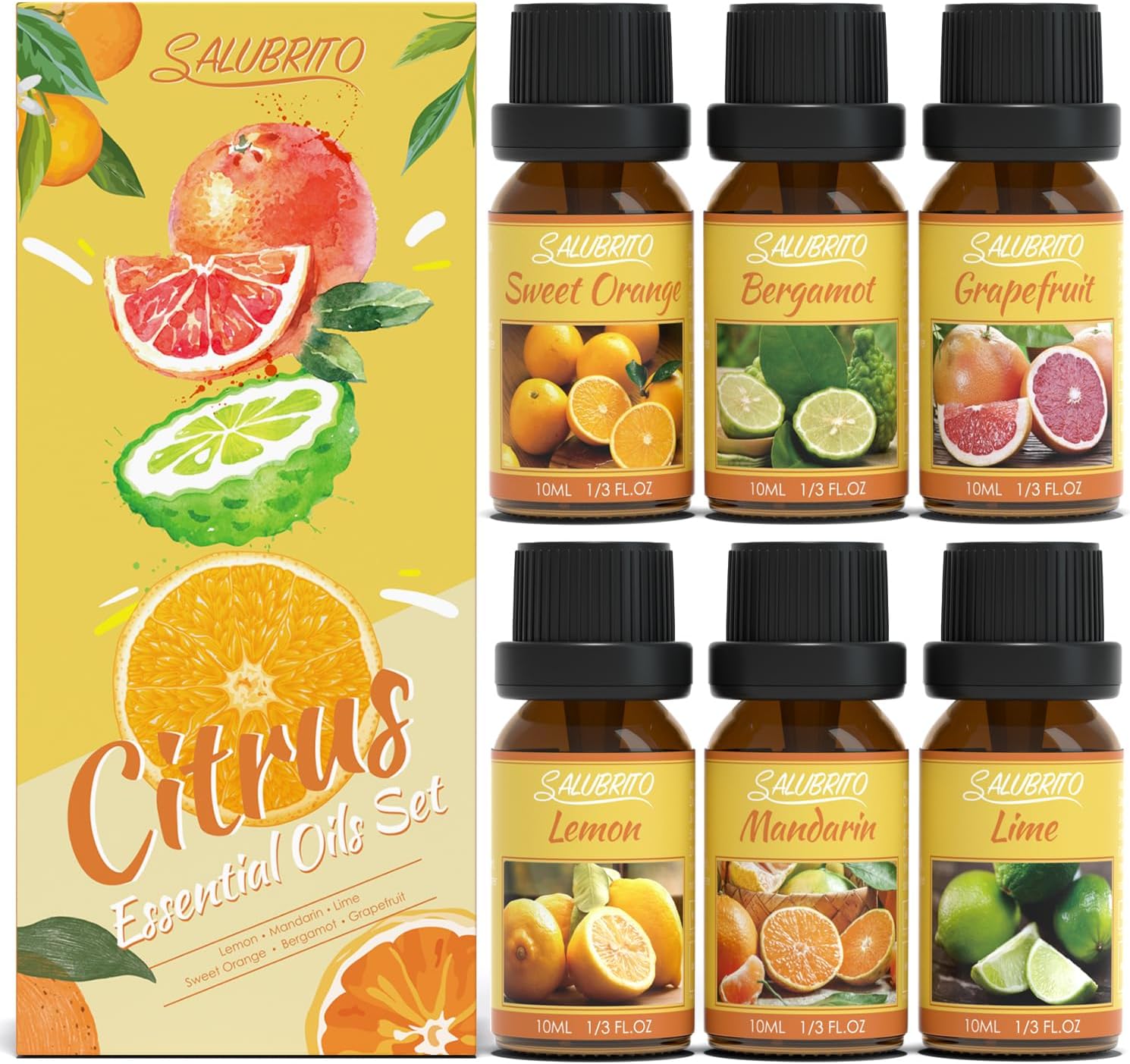 SALUBRITO Set mit ätherischen Zitrusölen, natürliche Zitrusdüfte, Duftöle für den Diffusor – Aromatherapieöl aus Süßorange, Bergamotte, Grapefruit, Zitrone, Mandarine und Limette