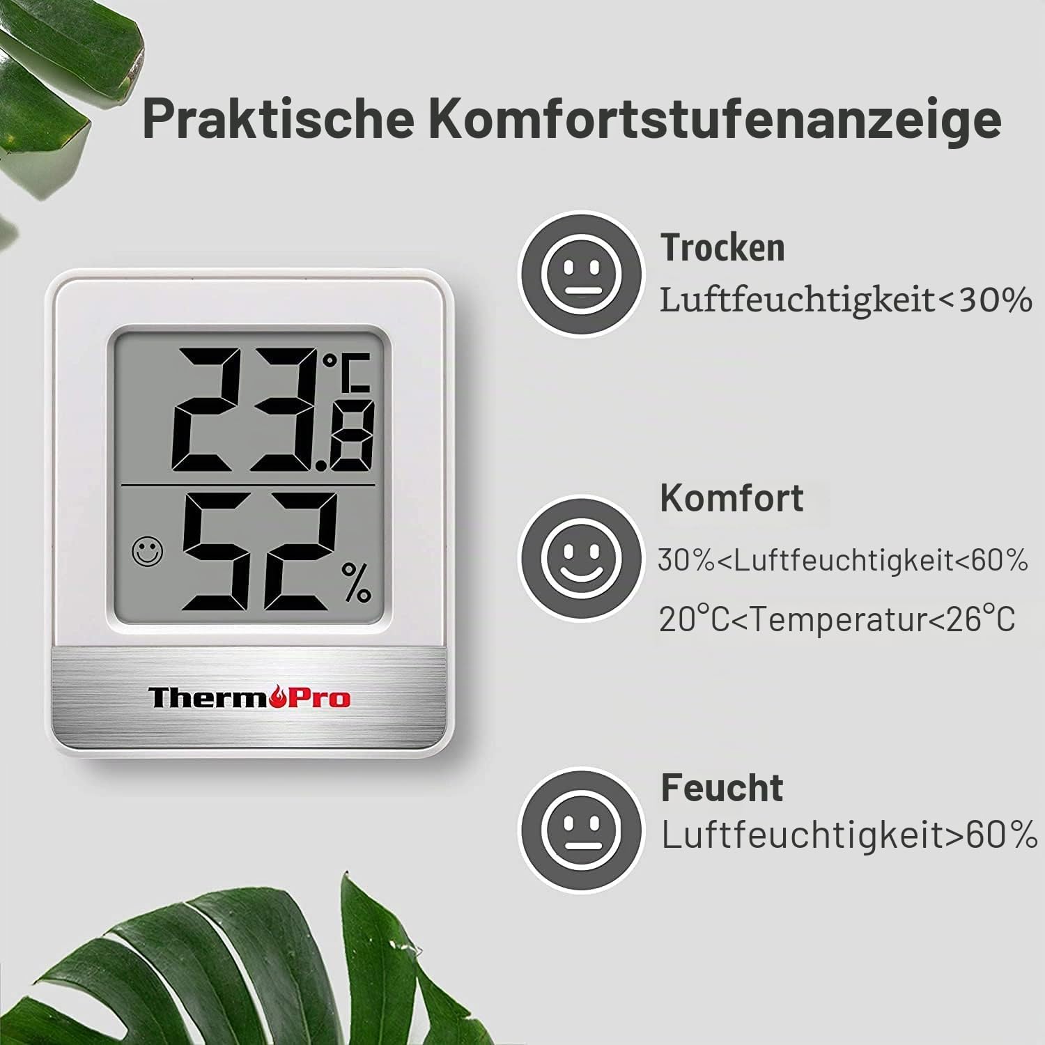 ThermoPro Thermo-Hygrometer, Innenthermometer, digitales Luftfeuchtigkeitsmessgerät, Raumthermometer, Temperatur- und Luftfeuchtigkeitsmessgerät mit Smiley-Anzeige, 3 Stück – Bild 4
