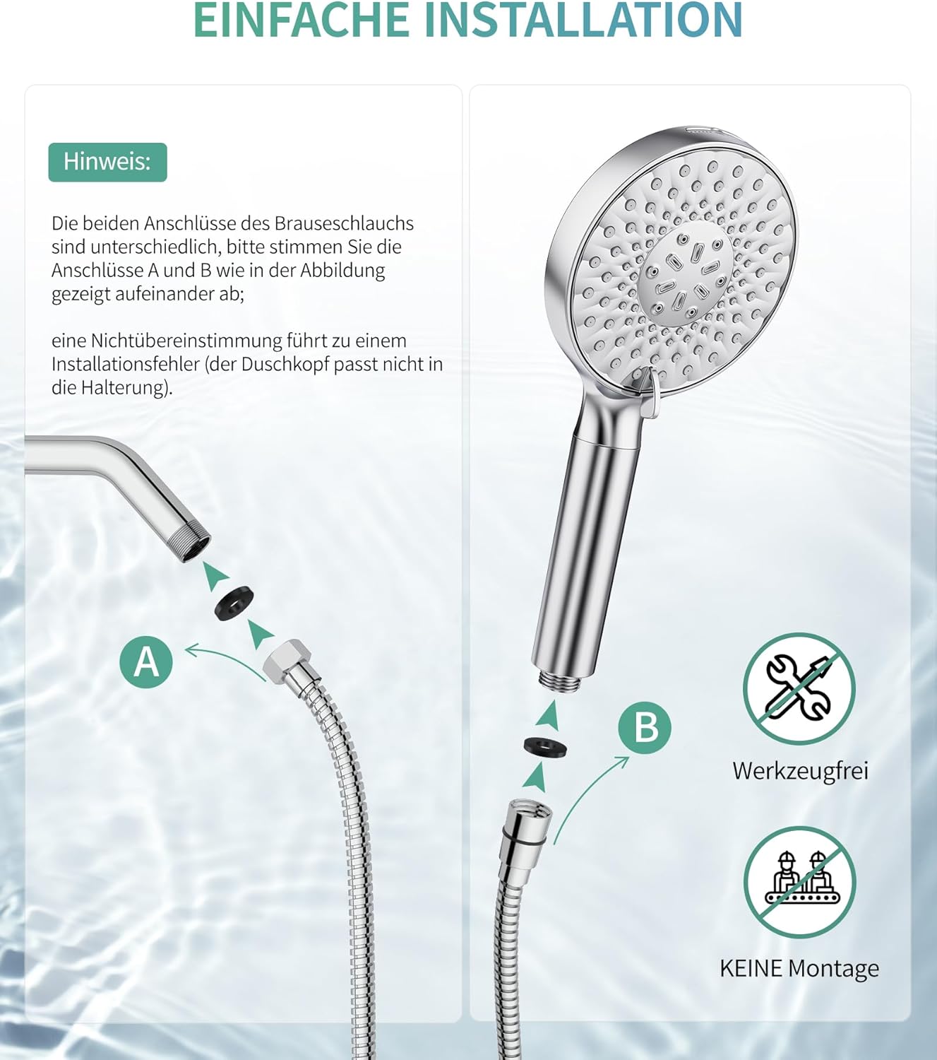 SR SUN RISE Duschkopf mit Filter, Duschkopf mit Schlauch und Filterkartuschen, 9-Funktionen-Handbrause mit 4 Duschfiltern, Hochdruck-Handbrause für hartes Wasser, Restchlor, Schwermetalle, Bakterien – Bild 8