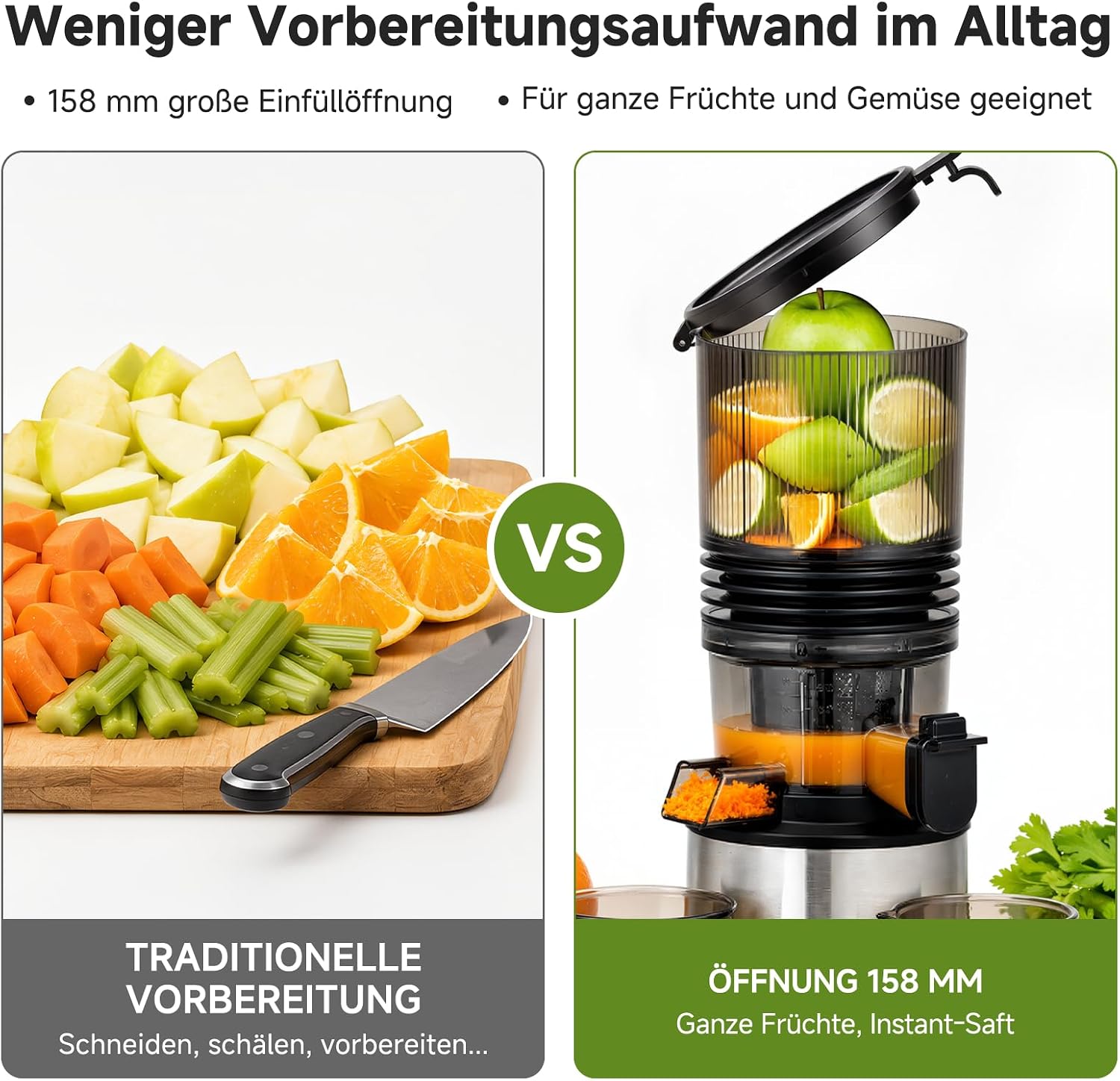 AMZCHEF Entsafter – Langsamer Entsafter mit 158 mm Einfüllschacht für ganzes Gemüse und Obst, leicht zu reinigen, Kaltpress-Entsafter mit Saft- und Tresterbecher, hohe Saftausbeute, Silber/Schwarz – Bild 7