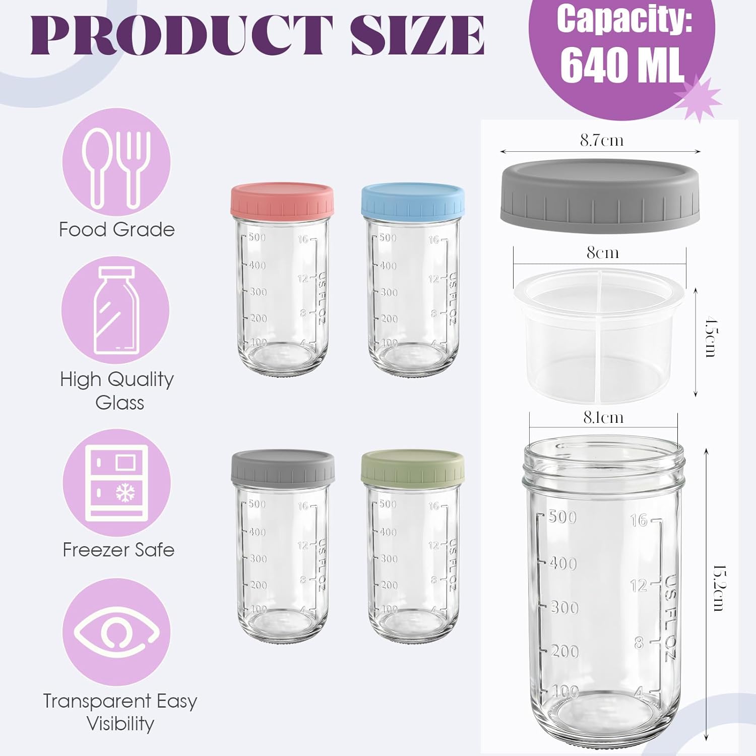 4 Stück Overnight Oats Gläser 640 ml Meal Prep Gläser mit Schichtung, Overnight Oats Behälter mit Schraubdeckel, Trocken- und Nasstrennung Müslibecher, Joghurtbecher für Salat, Joghurt, Müsli – Bild 2