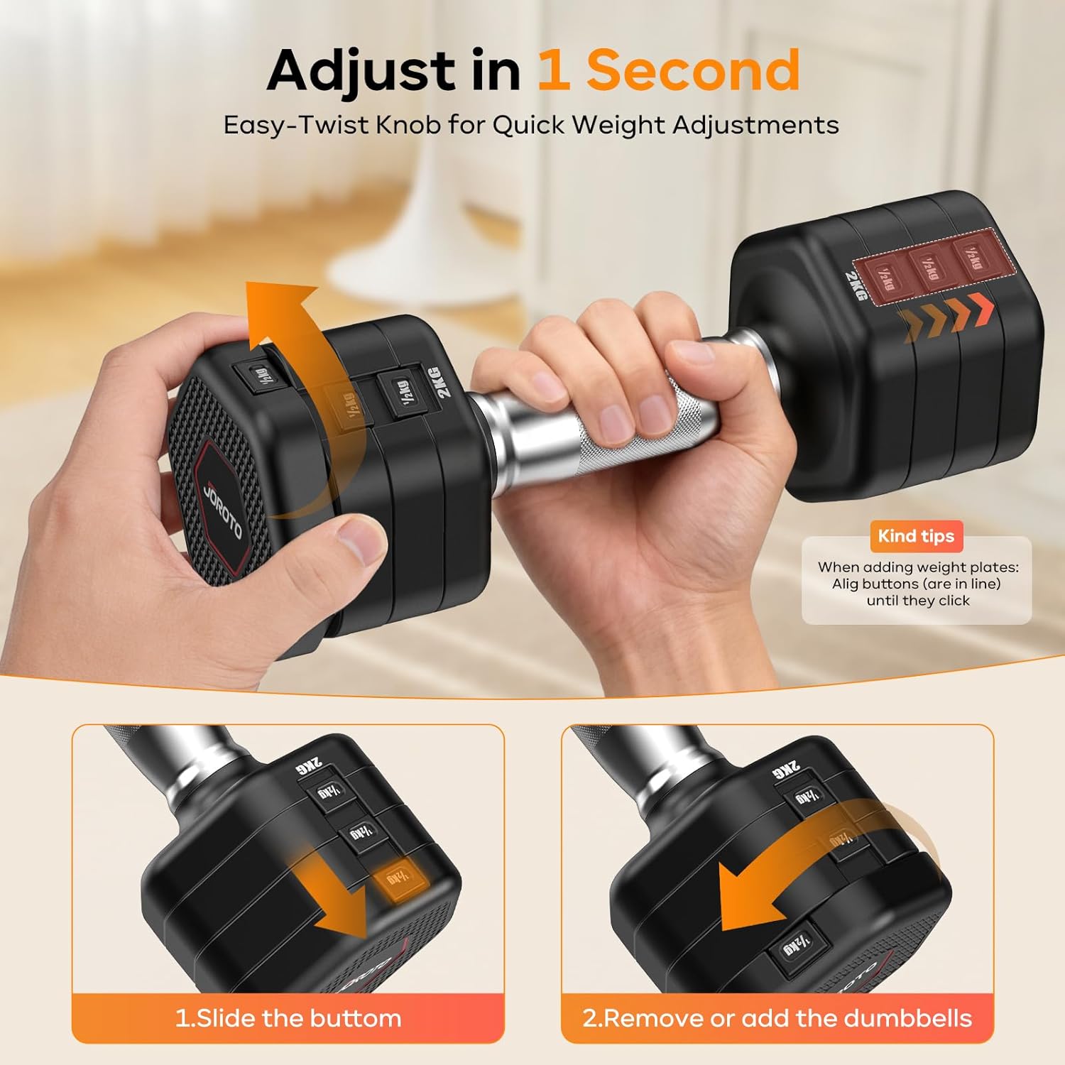 JOROTO Hanteln Set, 4-in-1 verstellbare Hanteln, 2er-Set, 2-5 kg, mit verchromtem rutschfestem Griff, geeignet für Männer und Frauen, für Krafttraining, Fitness und Heimtraining (schwarz) – Bild 2