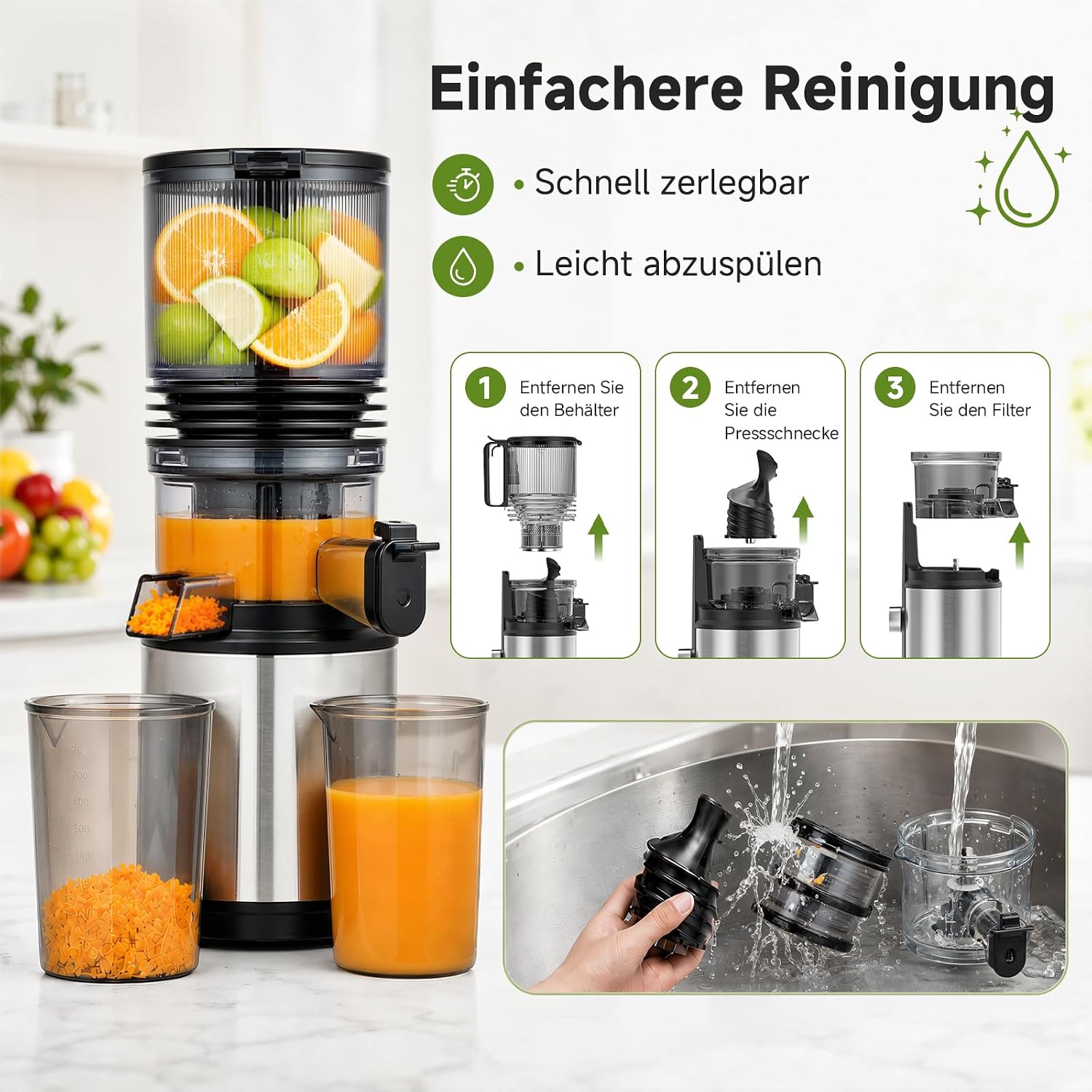 AMZCHEF Entsafter – Langsamer Entsafter mit 158 mm Einfüllschacht für ganzes Gemüse und Obst, leicht zu reinigen, Kaltpress-Entsafter mit Saft- und Tresterbecher, hohe Saftausbeute, Silber/Schwarz – Bild 8