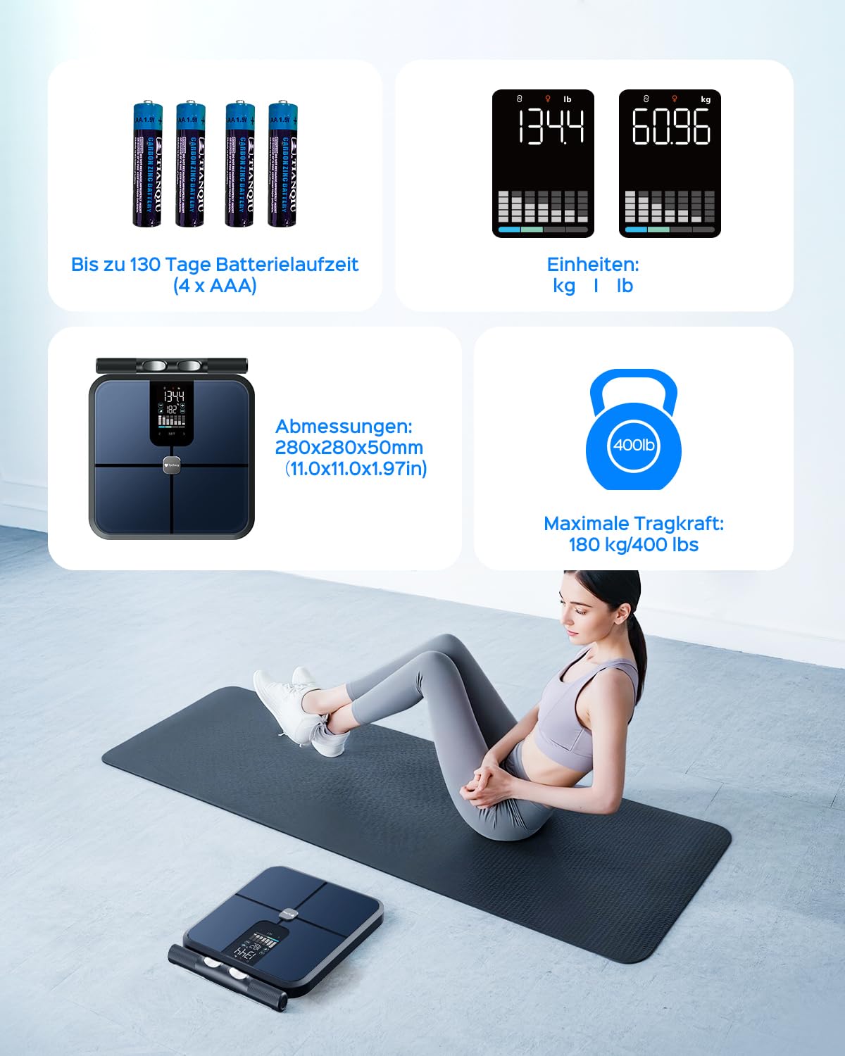 Körperfettwaage mit Handsensoren, digitale Personenwaage mit Körperfettanalyse, intelligente Waage mit 8 Elektroden für Körperfett und Muskelmasse, BMI, und 28 Körpermaßen, 180 kg – Bild 7