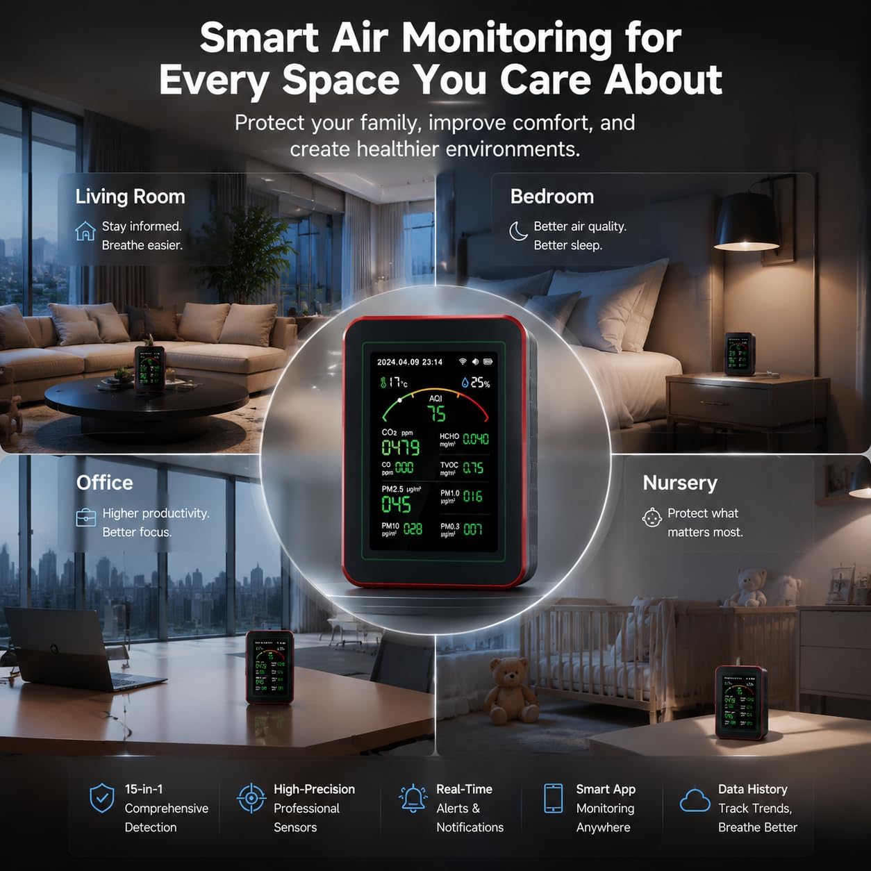Professionelles 15-in-1-Luftqualitätsmessgerät mit App – CO₂-Messgerät/CO₂-Sensor, PM2,5/PM10-Feinstaubmessgerät, VOC-Messgerät, Luftqualitätsmonitor mit Dual-Chip und Echtzeit-AQI-Warnungen – Bild 3