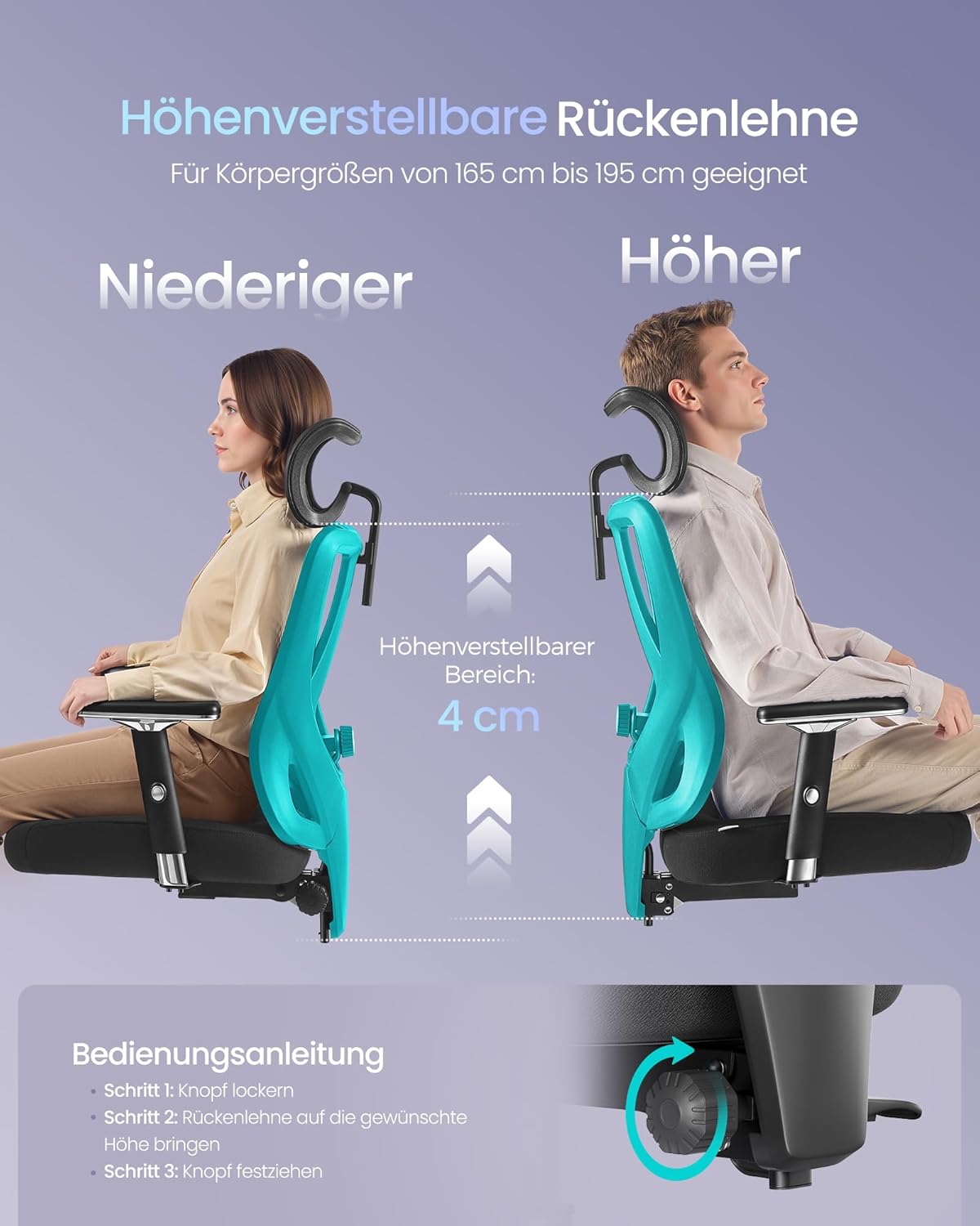 SONGMICS Bürostuhl, ergonomischer Schreibtischstuhl, Gaming-Stuhl, verstellbare Lendenwirbel-Kopfstütze, Armlehnen, verschiedene Höhen, 150 kg Tragkraft, Tintenschwarz, OBN067BH01 – Bild 4