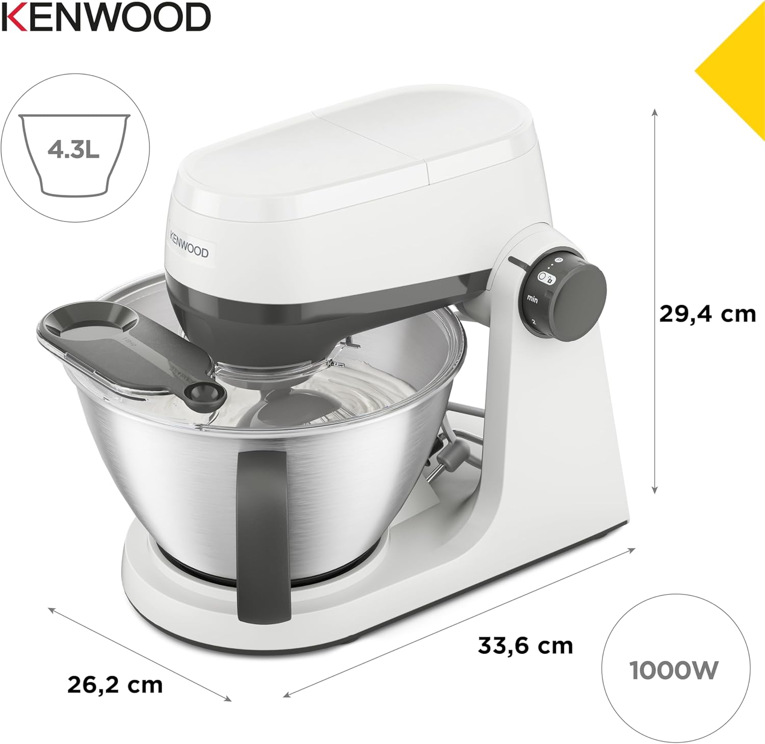 Kenwood Multi Tasker – Küchenmaschine mit Standmixer-Aufsatz, 1000-W-Motor, 44 % leise*, 4,3-l-Schüssel (1,7 kg Teig), 7 Ebenen, Rührarmlift, Zubehörfach, Spritzschutz, Weiß – Bild 5