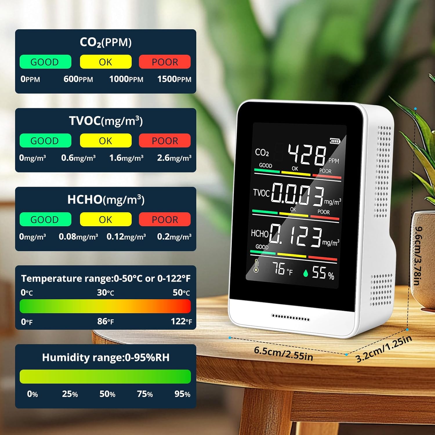 5-in-1-Raumluftqualitätsmonitor, Luftverschmutzungsmonitor mit CO2, HCHO, TVOC, Temperatur und Luftfeuchtigkeit, Echtzeit-Datenaufzeichnung, kompakt, tragbar – Bild 5