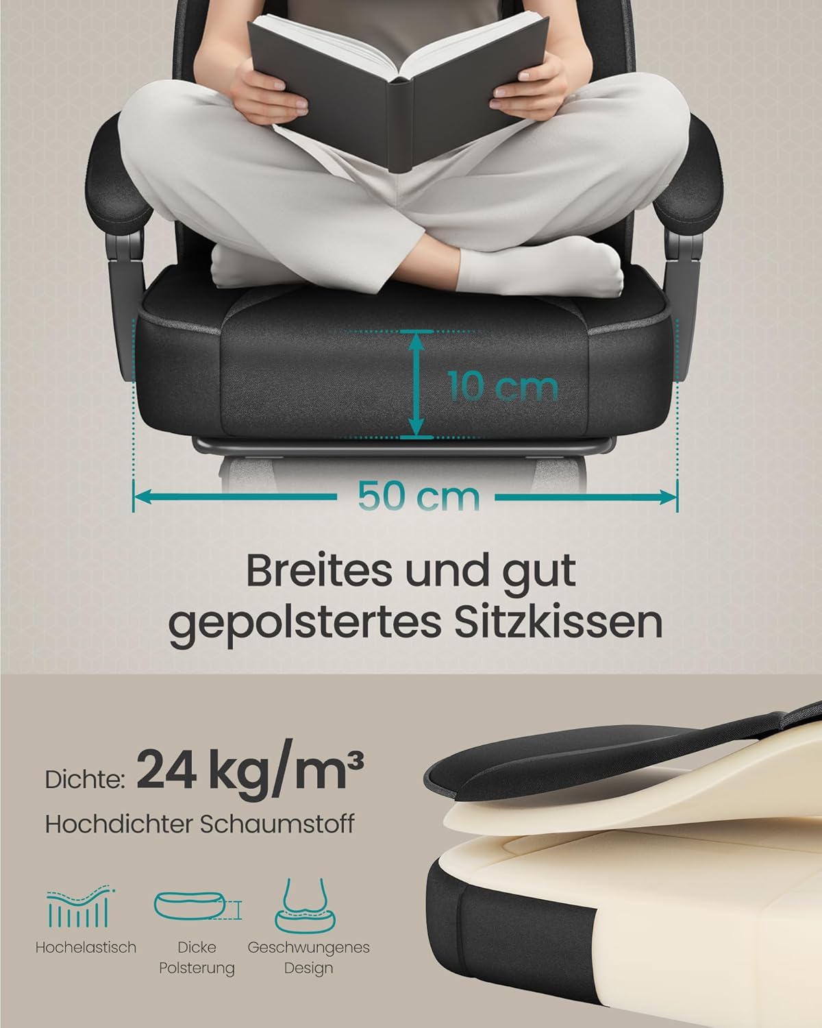 SONGMICS Gaming-Stuhl, Bürostuhl mit Fußstütze, Schreibtischstuhl mit Kopfstütze und Lendenkissen, höhenverstellbar, ergonomisch, maximale Belastung 150 kg, Tintenschwarz/Schiefergrau OBG073BH20 – Bild 5