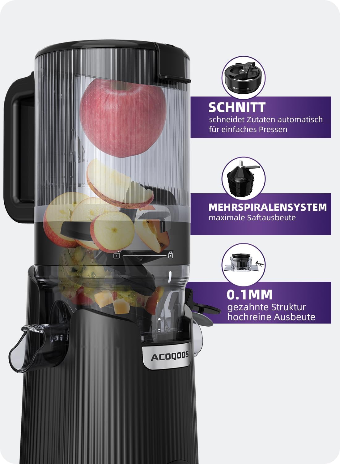 ACOQOOS Entsafter, Entsafter für ganzes Gemüse und Obst, 135 mm Breite und größeres Einfüllrohr, 1,8 l Fassungsvermögen, leicht zu reinigender Slow Juicer mit 2 Gläsern, elektrischer Entsafter, schwarz – Bild 5