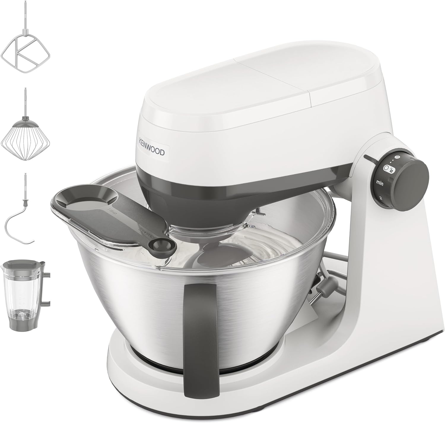 Kenwood Multi Tasker – Küchenmaschine mit Standmixer-Aufsatz, 1000-W-Motor, 44 % leise*, 4,3-l-Schüssel (1,7 kg Teig), 7 Ebenen, Rührarmlift, Zubehörfach, Spritzschutz, Weiß
