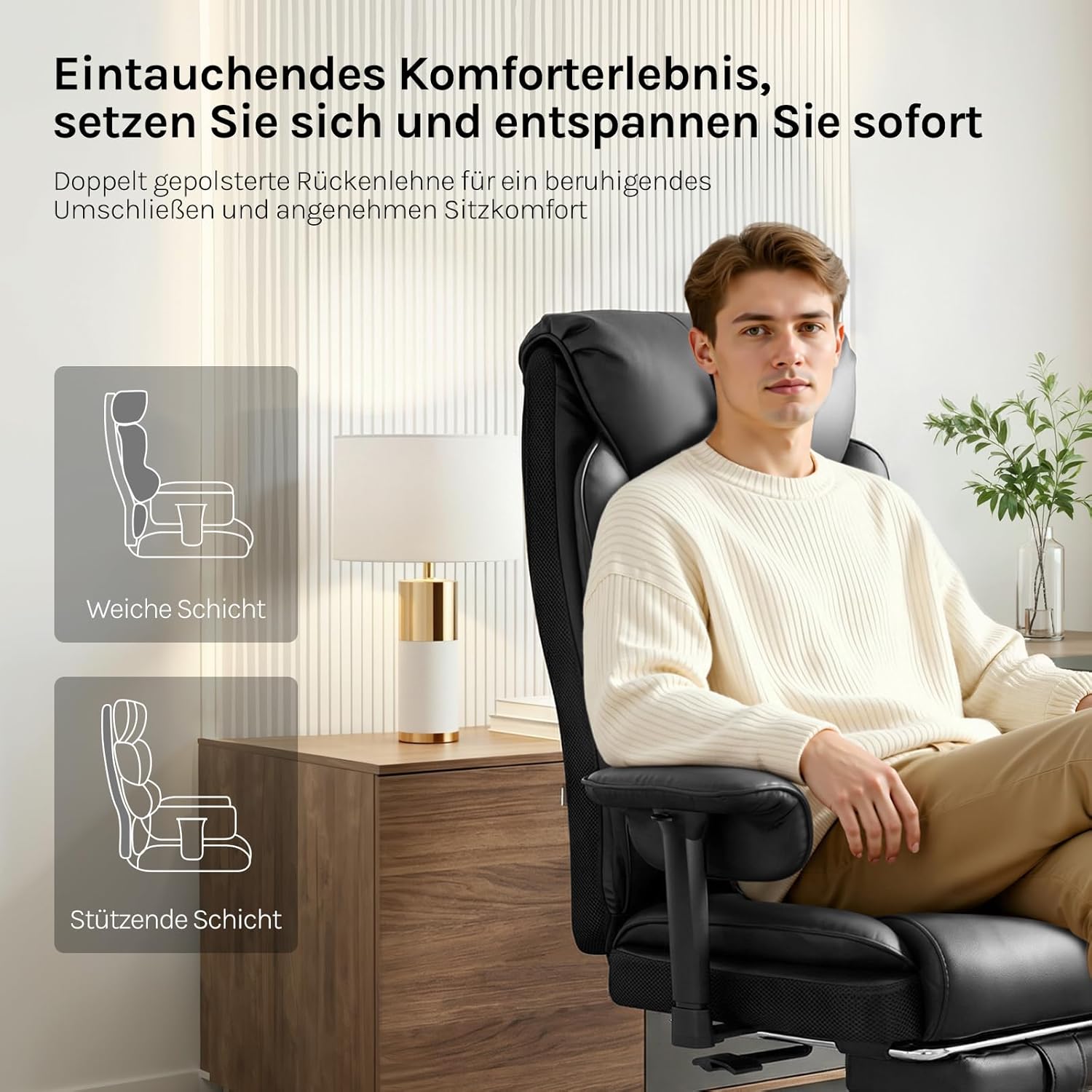 WOLTU Bürostuhl, ergonomischer Chefsessel, doppelschichtig, weiche Rückenlehne, 3-stufige Rückenlehnenverstellung mit Lordosenstütze, Fußstütze für Büro, Besprechungsraum, PU, Schwarz – Bild 4