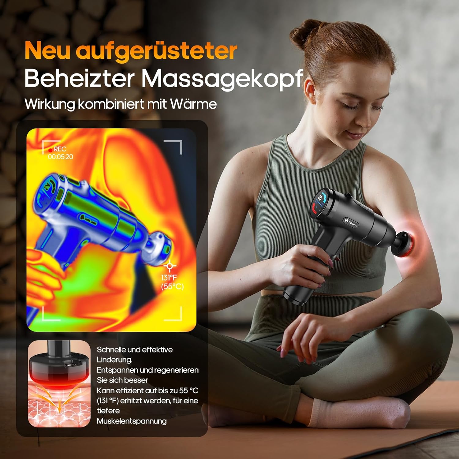 Massagepistole mit Wärmefunktion, AERLANG Muskelmassagepistole, Massagegerät mit LED-Anzeige, Handmassagegerät Geschenke für Männer, Massagepistole mit 20 einstellbaren Stufen und 7 Massageköpfen – Bild 2