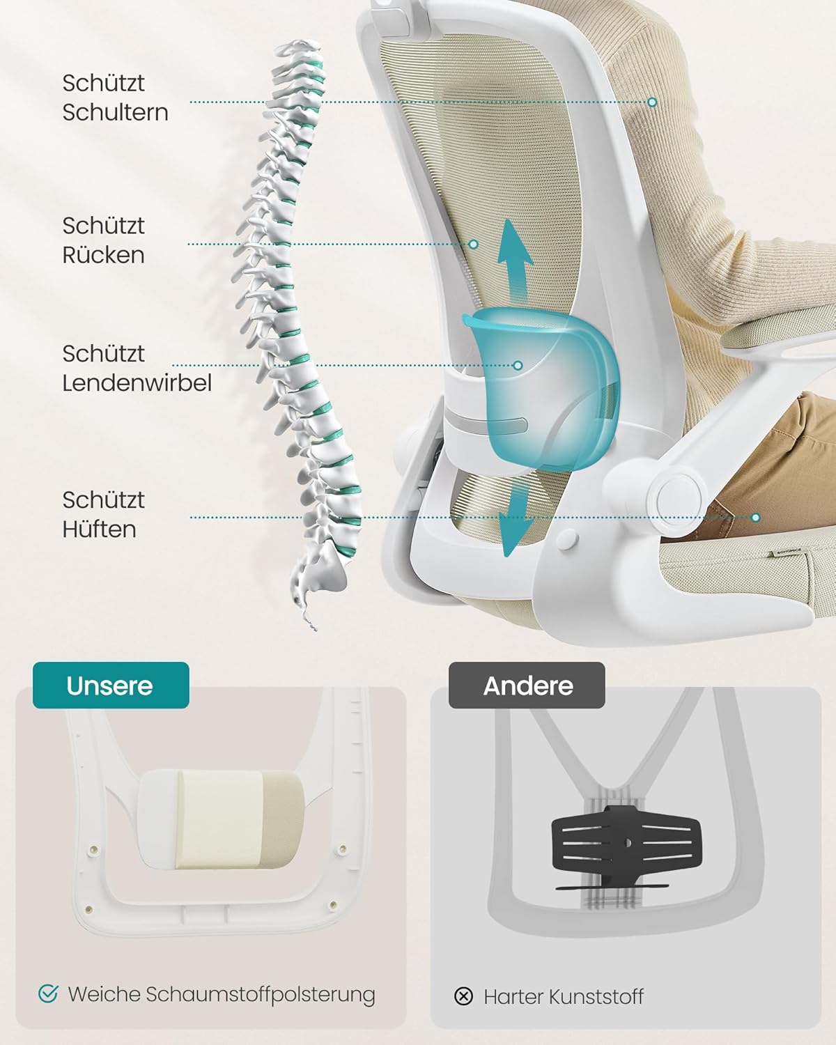 SONGMICS OBN037K02 Büro-Schreibtischstuhl, Netzdrehstuhl, ergonomisch, gepolsterte Lordosenstütze, Wippfunktion, 53 cm Sitzfläche, klappbare Armlehnen, Haferflockenbeige – Bild 3
