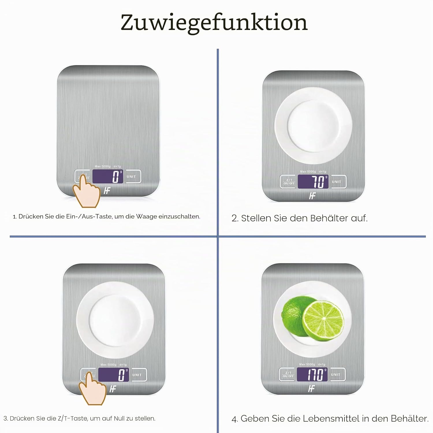 Home Fashion Digitale Küchenwaage, Lebensmittelwaage aus Edelstahl mit 5 kg Tragkraft und 1 g Präzision, Küchenwaage mit beleuchtetem LCD-Display, 5 Einheiten, Tara-Funktion, Silber – Bild 3