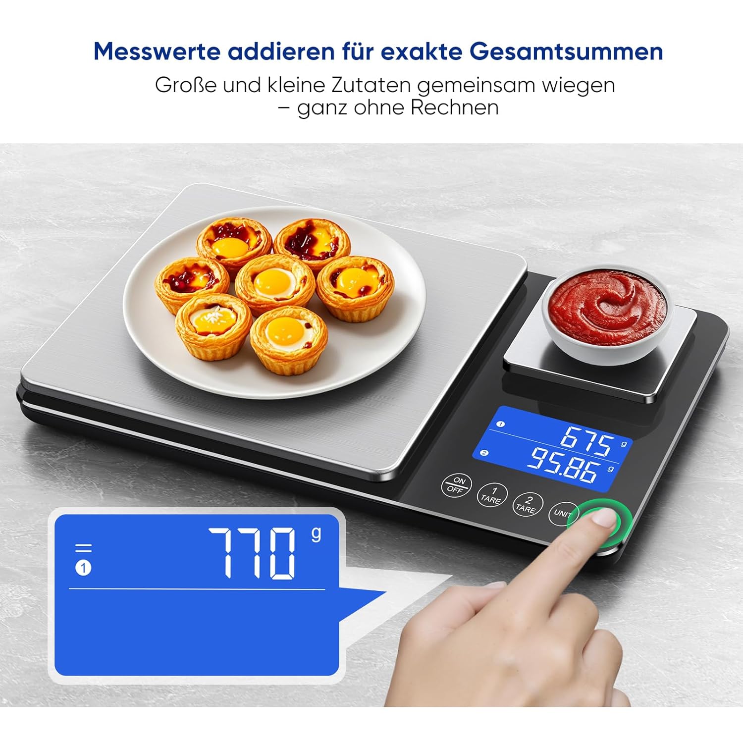 KUAIVO Digitale Küchenwaage 15 kg / 0,01 g, hochpräzise Zweibereichs-Küchenwaage mit Addierfunktion, Tara-Funktion, 7 Maßeinheiten, Küchenwaage zum Kochen und Brotbacken, inklusive Batterien – Bild 3