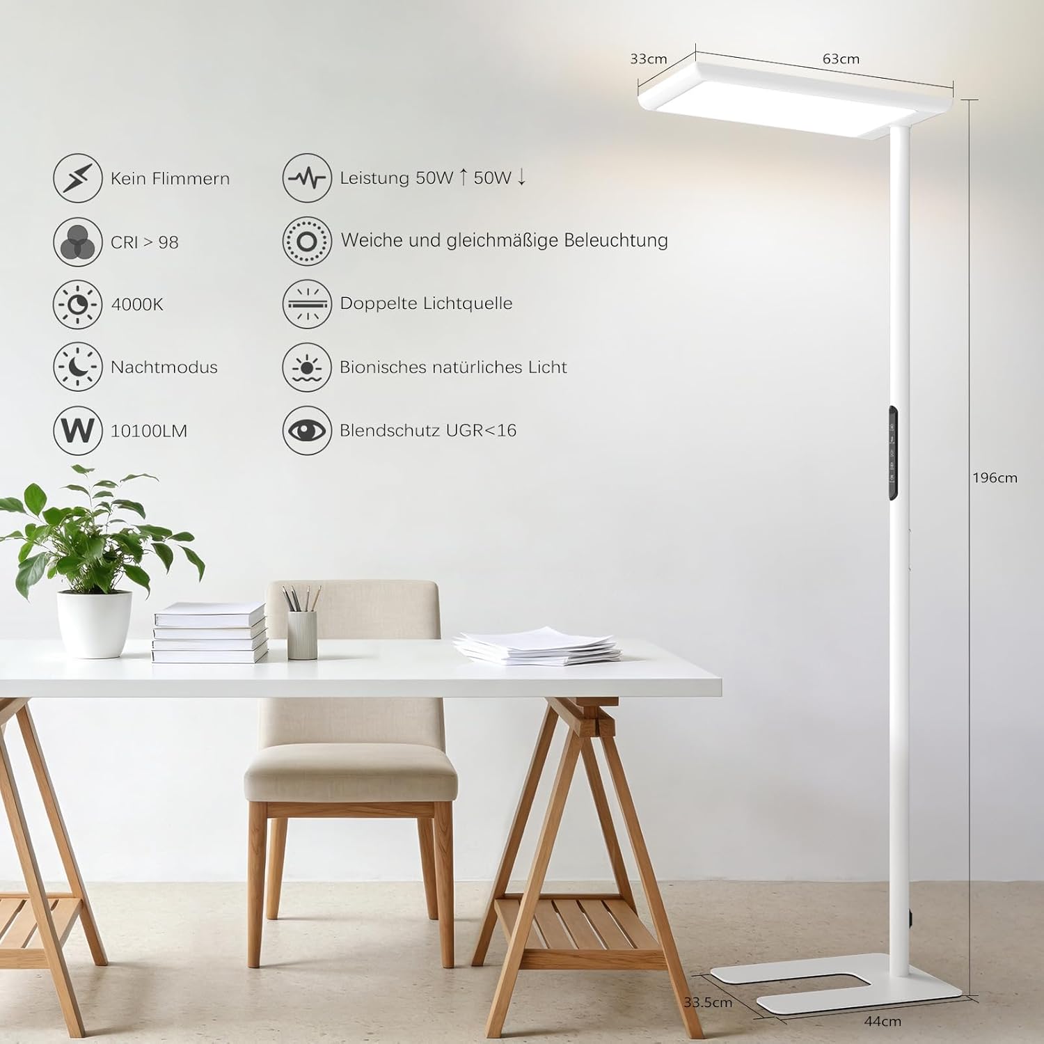 LES FLEURS LED-Büro-Stehleuchte, 196 cm Vollspektrum-Leseleuchte mit Augenschutz, 100 W dimmbare Stehleuchte mit 10100 lm Tageslichtlampe für Wohnzimmer, Schlafzimmer, Arbeitszimmer und Büro – Bild 2