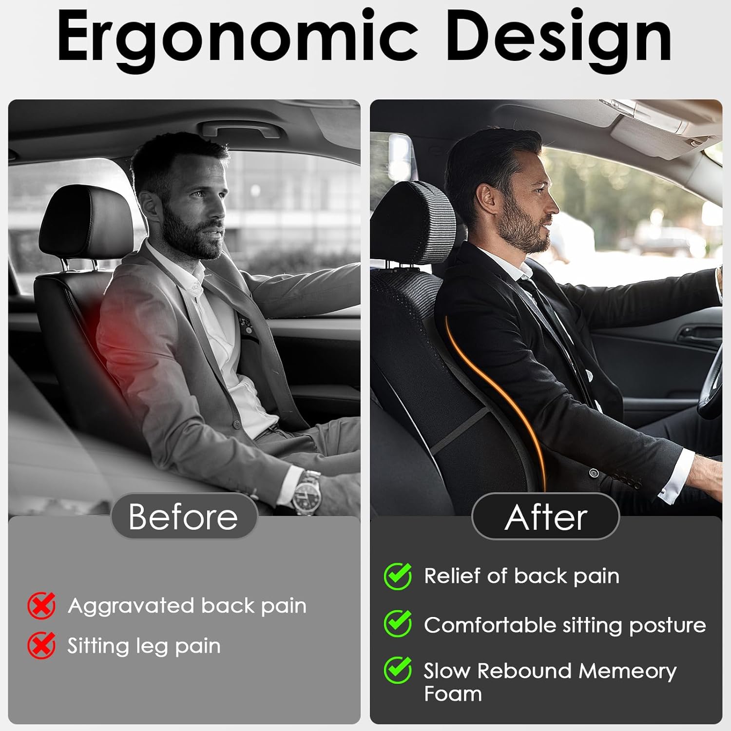 Auto-Lendenkissen, Memory-Schaum-Lendenwirbelstützkissen, Autositz-Rückenkissen, ergonomisches Rückenkissen für Auto, Zuhause, Büro, Rollstuhl, Schwarz – Bild 5