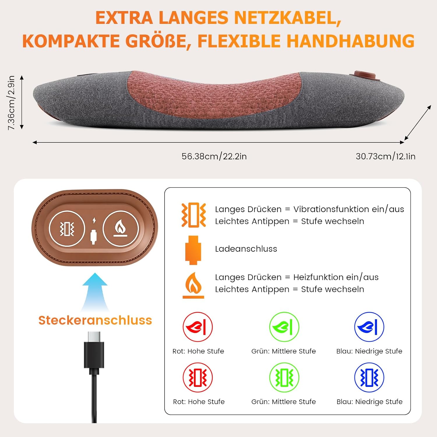 Massagegerät für den Rücken, elektrisches Lendenkissen mit Wärme- und Vibrationsmassage, Rückenmassagegerät, 3 Massagetechniken, 3 Temperatureinstellungen, Traktionsgerät zur Lendenwirbelstütze, Geschenk – Bild 6