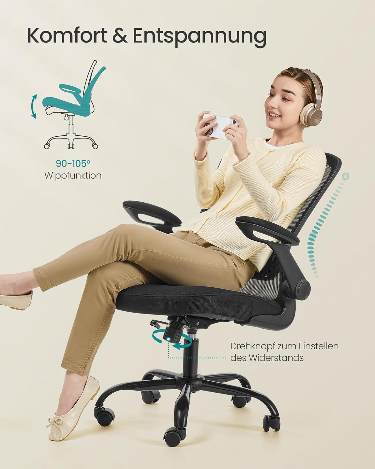 SONGMICS OBN37BK Bürostuhl, Schreibtischstuhl, Netzdrehstuhl, ergonomisch, gepolsterte Lordosenstütze, Wippe, 53 cm Sitzfläche, klappbare Armlehnen, Schwarz – Bild 8