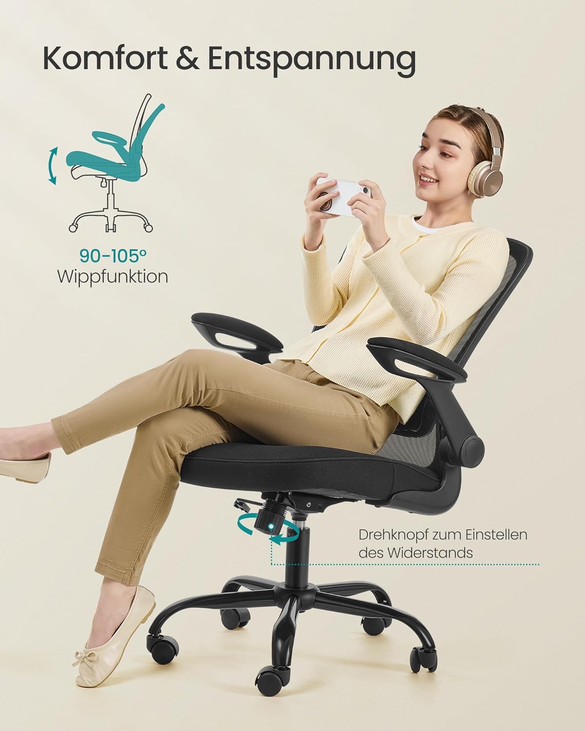 SONGMICS OBN37BK Bürostuhl, Schreibtischstuhl, Netzdrehstuhl, ergonomisch, gepolsterte Lordosenstütze, Wippe, 53 cm Sitzfläche, klappbare Armlehnen, Schwarz – Bild 6