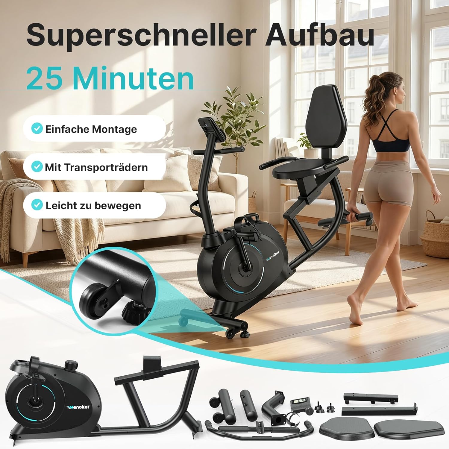 Wenoker Ergometer Liege- Heimtrainer mit Magnetbremse, Pulssensoren und LCD-Display, 16 Widerstandsstufen bis 160KG, Sitzergometer mit Rückenlehne für Senioren – Bild 6