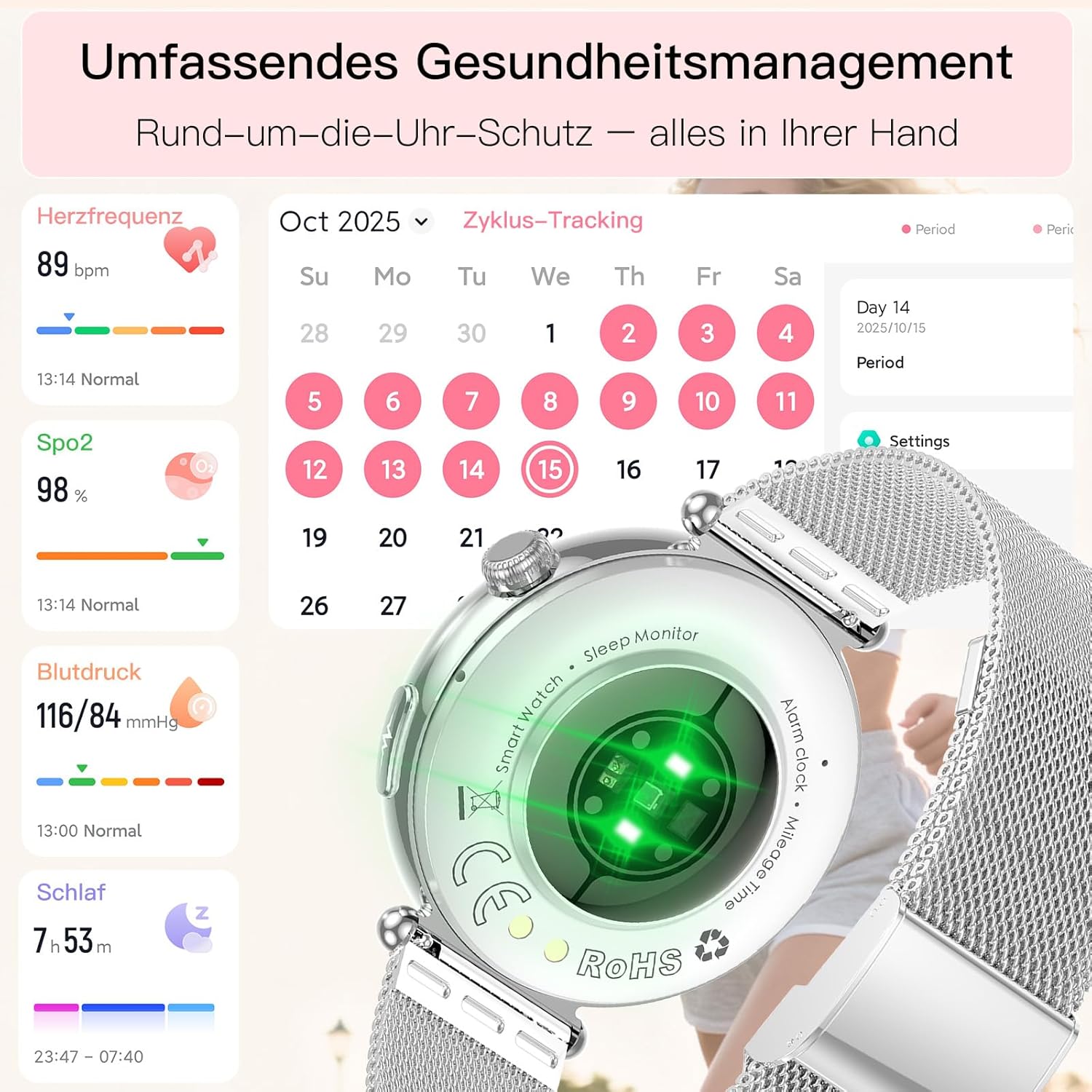 2026 Damen-Smartwatch mit EKG-/Blutdruckmessung, 1,32 Zoll AOD-Gesundheitsuhr mit AI-Zifferblatt und AI Smart Q&A, Bluetooth-Anrufe/SpOE₂/Schlaf/Puls/HRV/BMI/Menstruationszyklus/Stress, kleine Runde – Bild 4