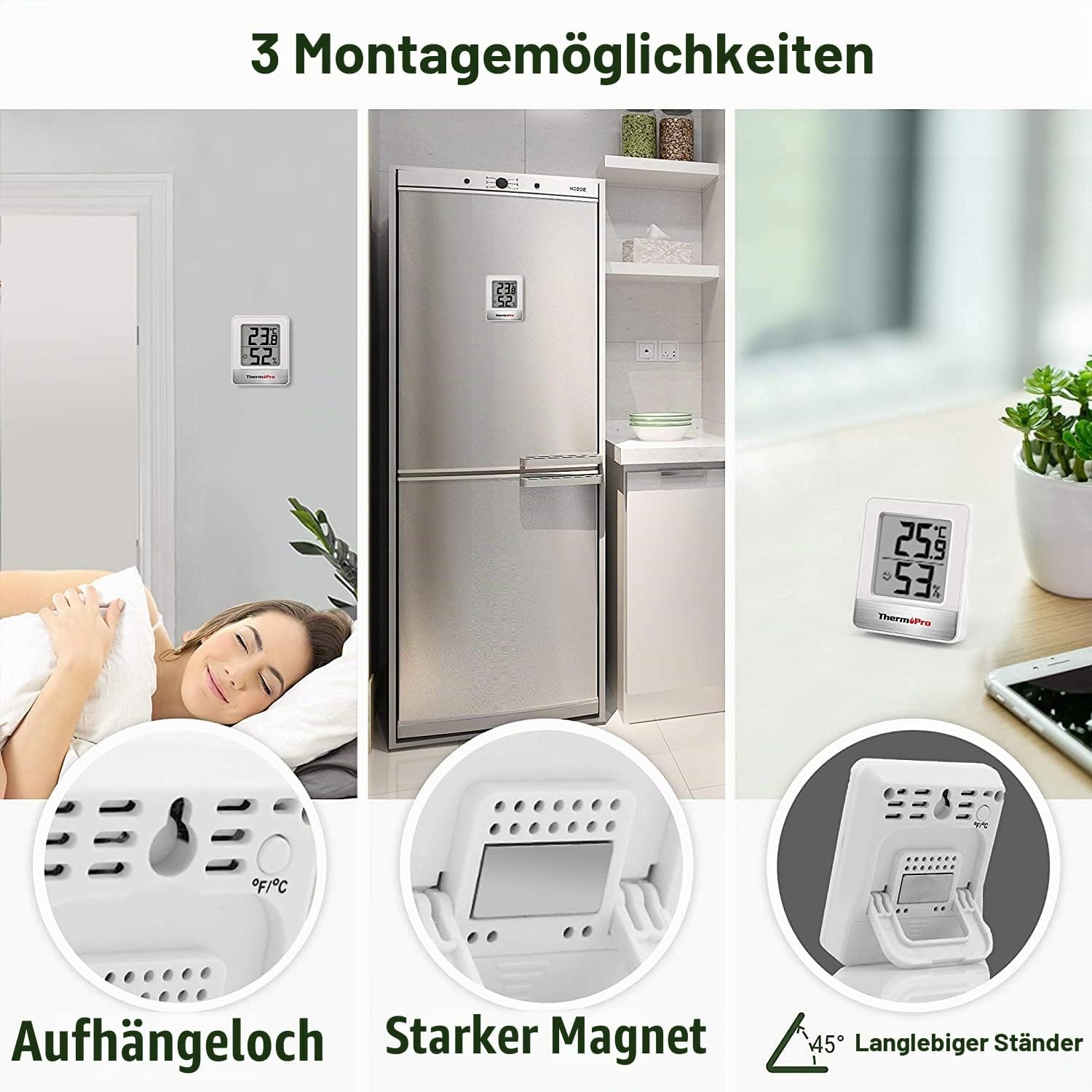 ThermoPro Thermo-Hygrometer, Innenthermometer, digitales Luftfeuchtigkeitsmessgerät, Raumthermometer, Temperatur- und Luftfeuchtigkeitsmessgerät mit Smiley-Anzeige, 3 Stück – Bild 5