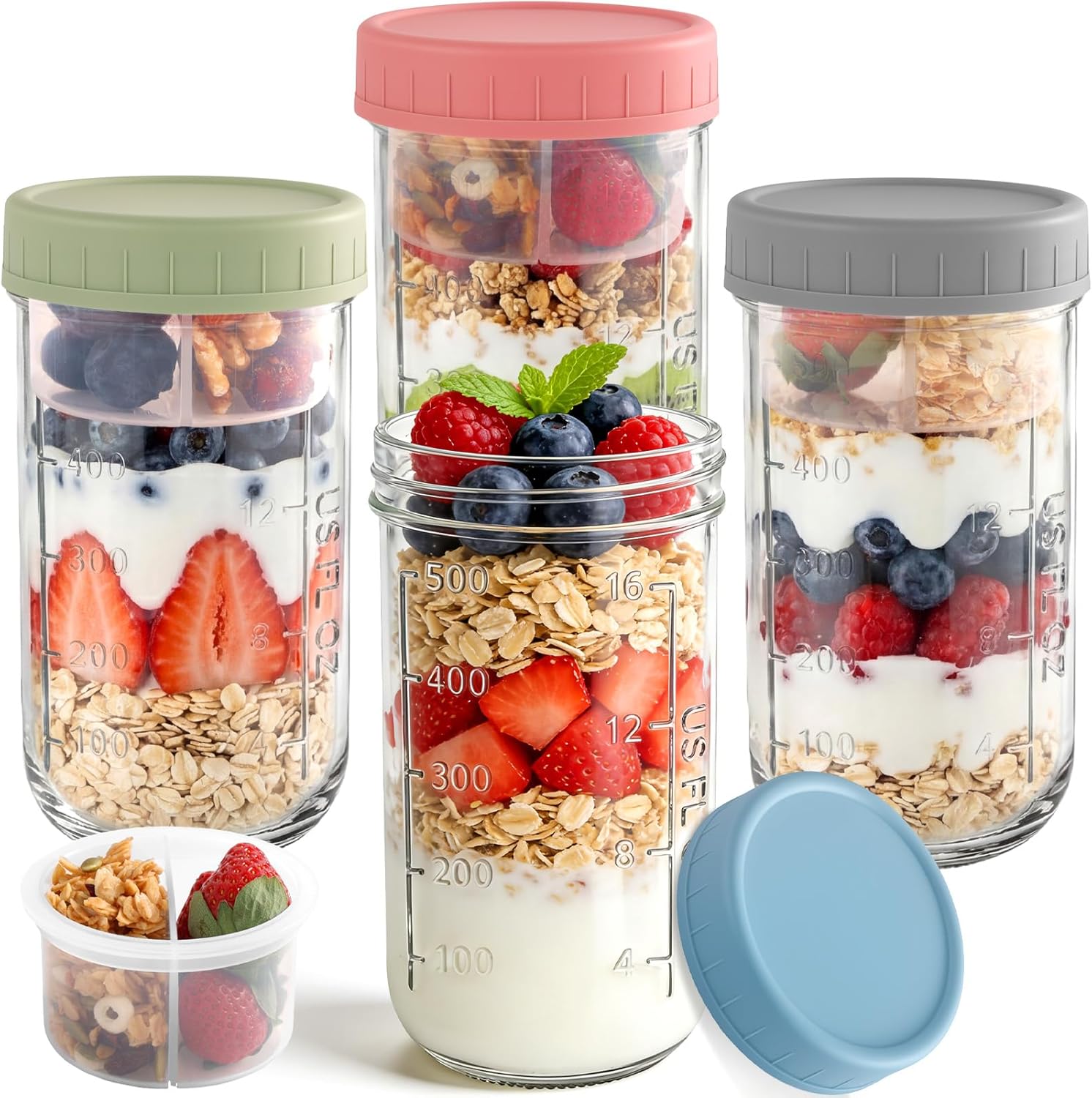 4 Stück Overnight Oats Gläser 640 ml Meal Prep Gläser mit Schichtung, Overnight Oats Behälter mit Schraubdeckel, Trocken- und Nasstrennung Müslibecher, Joghurtbecher für Salat, Joghurt, Müsli