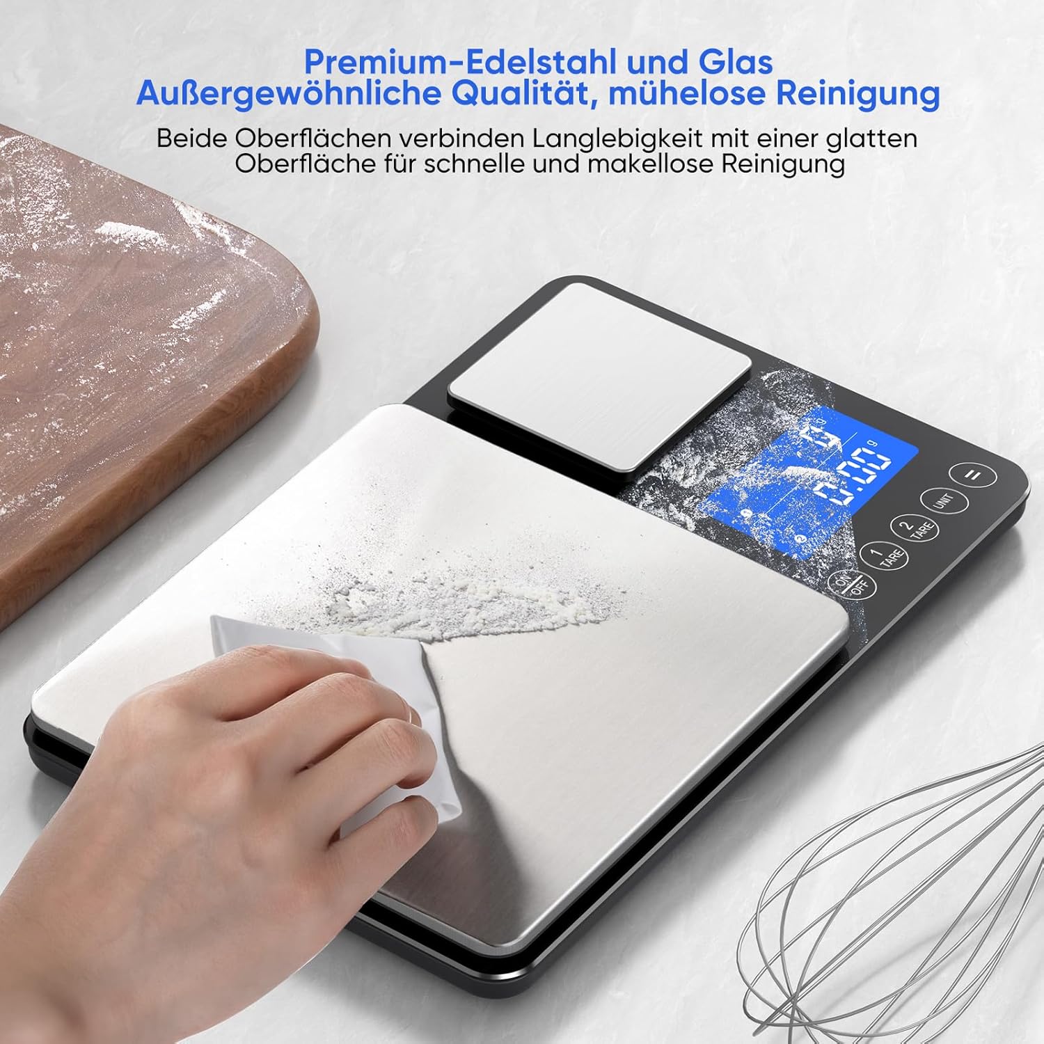 KUAIVO Digitale Küchenwaage 15 kg / 0,01 g, hochpräzise Zweibereichs-Küchenwaage mit Addierfunktion, Tara-Funktion, 7 Maßeinheiten, Küchenwaage zum Kochen und Brotbacken, inklusive Batterien – Bild 6