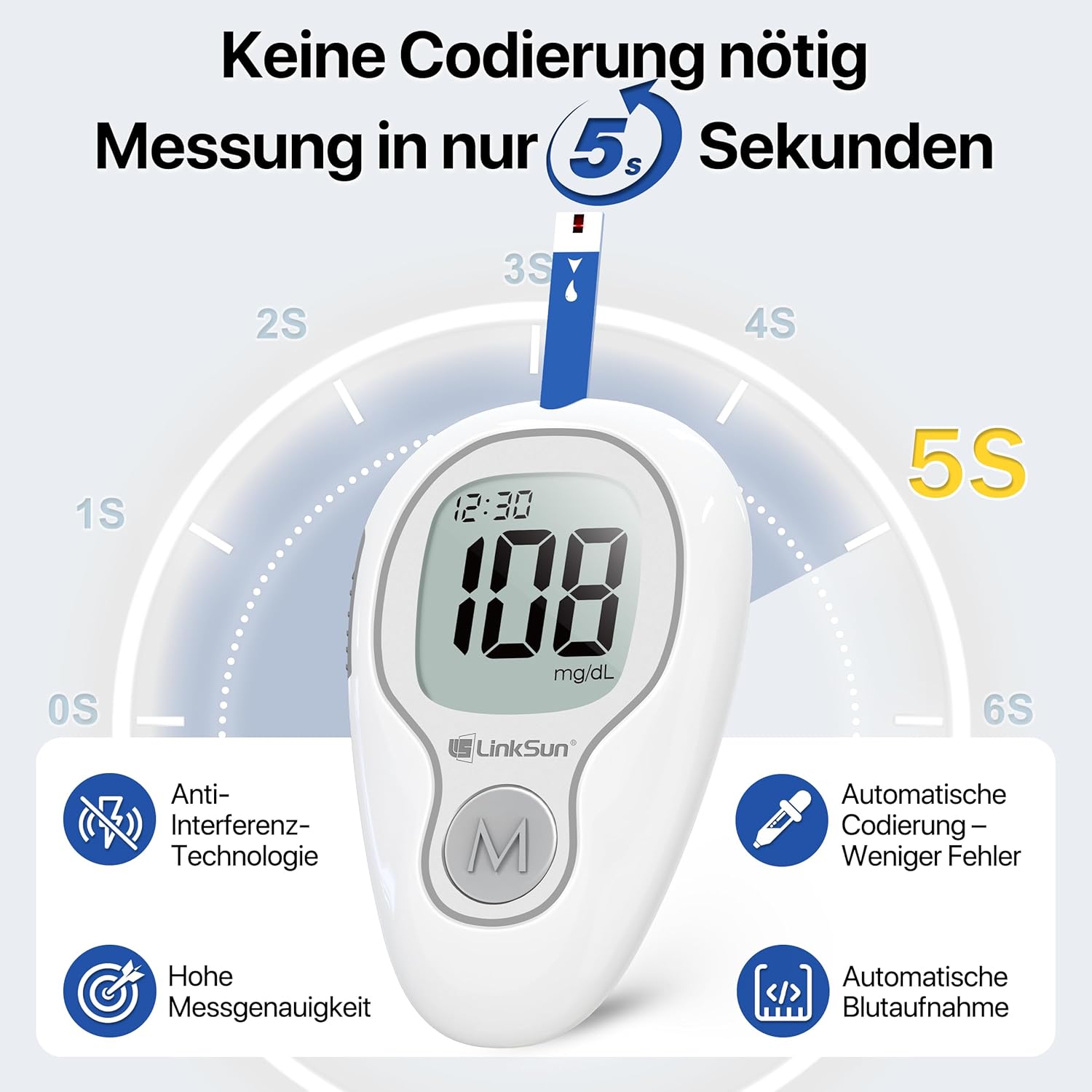 LinkSun G-425-3 Blutzuckermessgerät-Set (mg/dl) mit 100 Teststreifen, 100 Lanzetten, Stechhilfe, Glukosekontrolllösung, codefrei, mg/dl und mmol/l – Bild 3