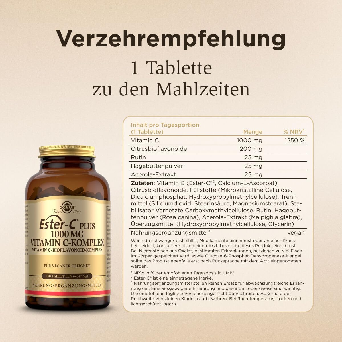 SOLGAR Ester-C Plus (1000 mg) | Vitamin-C-Komplex mit patentiertem Ester-C, Zitrus-Bioflavonoiden, Acerola-Extrakt, Hagebuttenpulver und Rutin | 180 vegane Tabletten – Bild 6