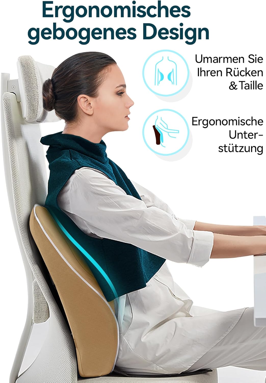 Travel Ease Ergonomisches Memory Foam Rückenkissen, Lendenkissen für Bürostuhl, Schreibtischstuhl, mit antistatischem, hautfreundlichem Bezug und für eine bequeme Sitzhaltung (Khaki) – Bild 3