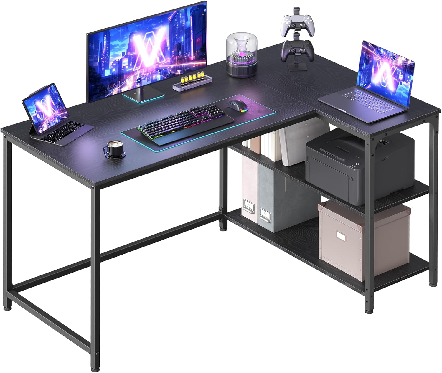 VASAGLE LWD136BE01 Eckschreibtisch, L-förmiger Computertisch mit Stauraum, Büroschreibtisch, höhenverstellbare Ablage für Heimbüro, 120 x 80 cm, Ebenholzschwarz