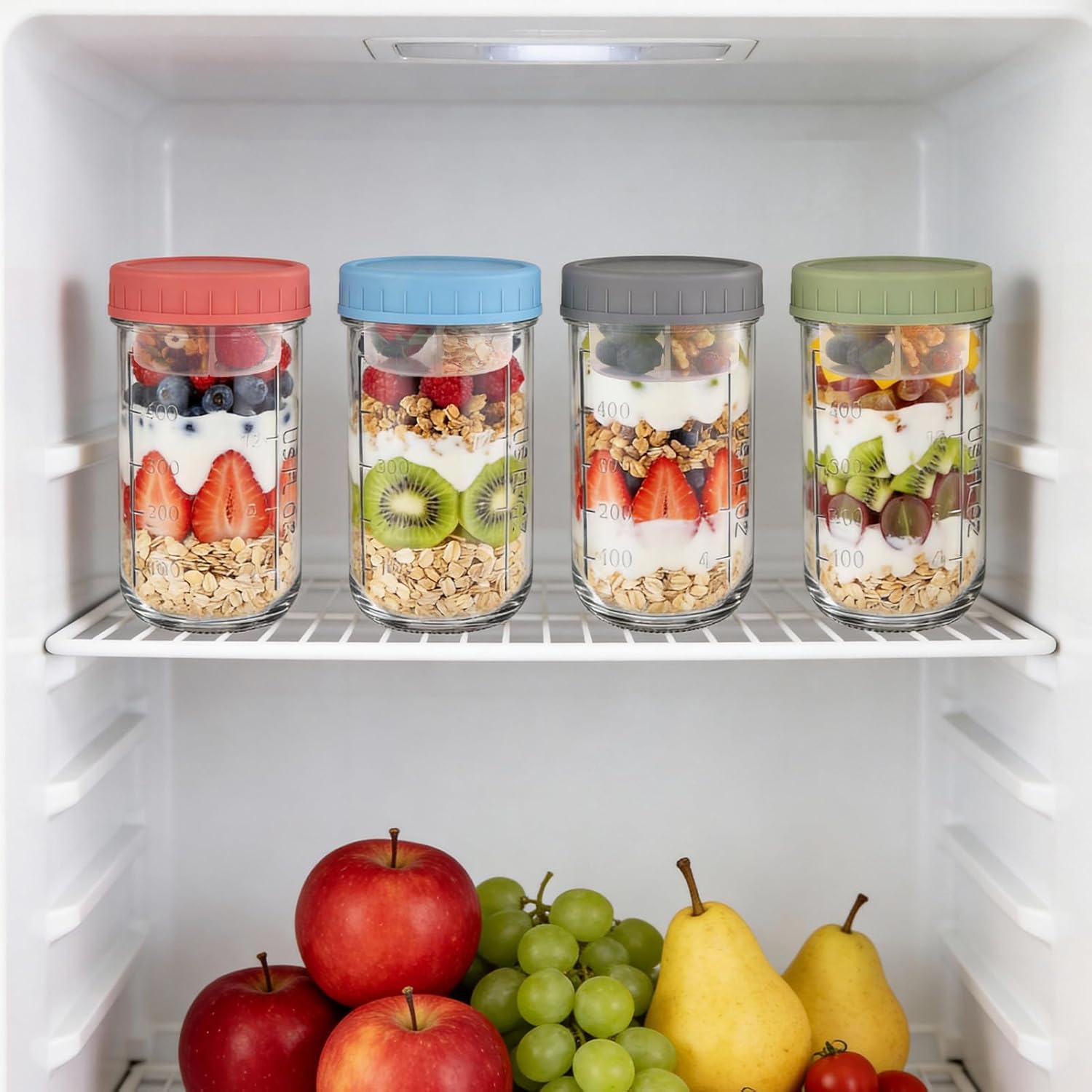 4 Stück Overnight Oats Gläser 640 ml Meal Prep Gläser mit Schichtung, Overnight Oats Behälter mit Schraubdeckel, Trocken- und Nasstrennung Müslibecher, Joghurtbecher für Salat, Joghurt, Müsli – Bild 7