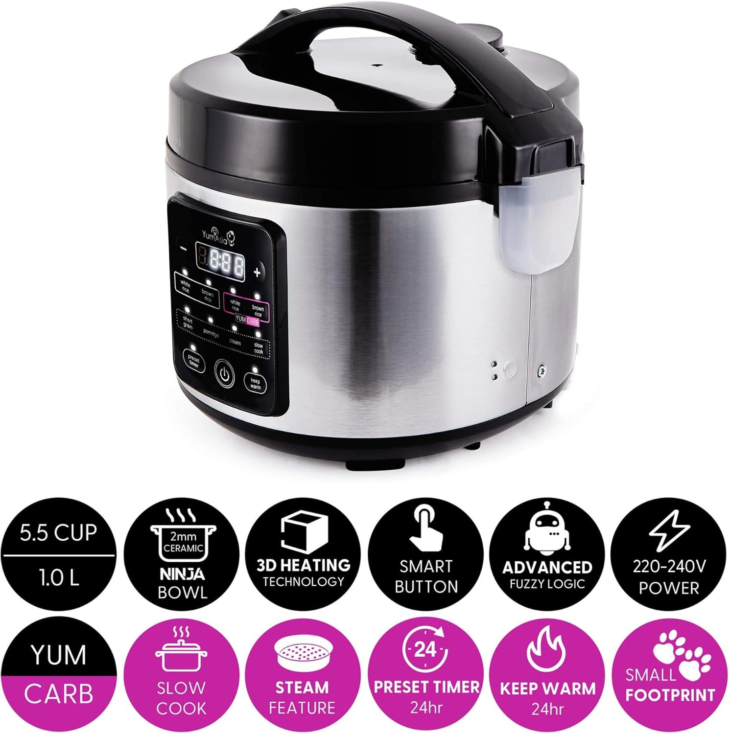 Yum Asia Kumo YumCarb Reiskocher mit Keramikschüssel und fortschrittlicher Fuzzy-Logik, 5 Reiskochfunktionen, 3 Multikocherfunktionen, (5,5 Tassen, 1 Liter), 220–240 V, UK/EU – Bild 2