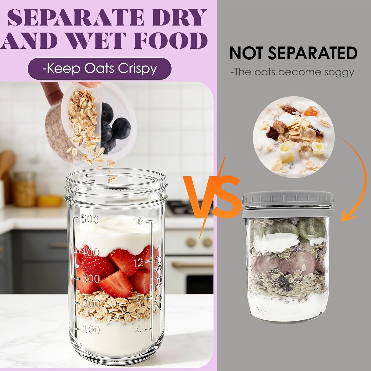 4 Stück Overnight Oats Gläser 640 ml Meal Prep Gläser mit Schichtung, Overnight Oats Behälter mit Schraubdeckel, Trocken- und Nasstrennung Müslibecher, Joghurtbecher für Salat, Joghurt, Müsli – Bild 4