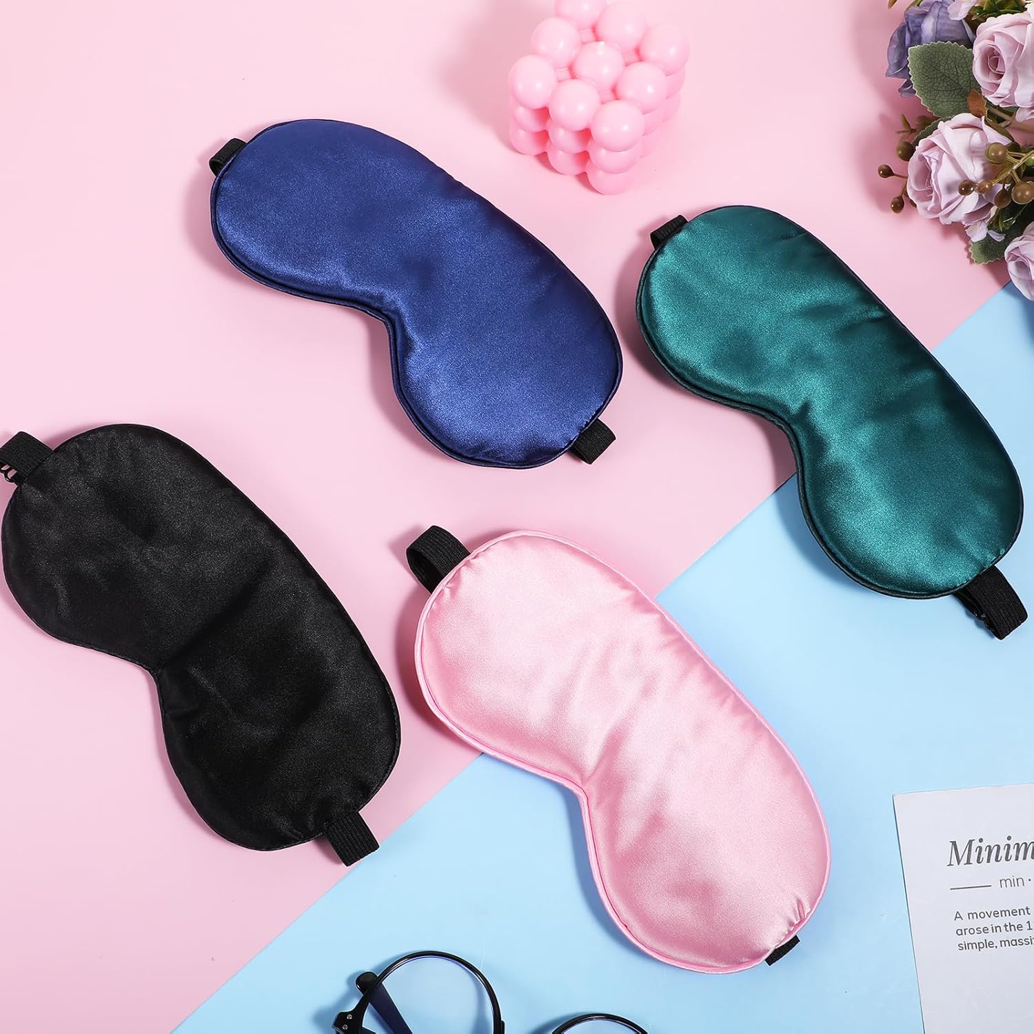 4 Stück Schlafaugenmasken für Männer und Frauen, Schlafmaske aus Seide, verstellbare Augenmaske mit elastischem Band, lichtblockierende Schlafaugenmaske, weiche, atmungsaktive Schlafmaske für Yoga, Reisen, Nickerchen – Bild 4