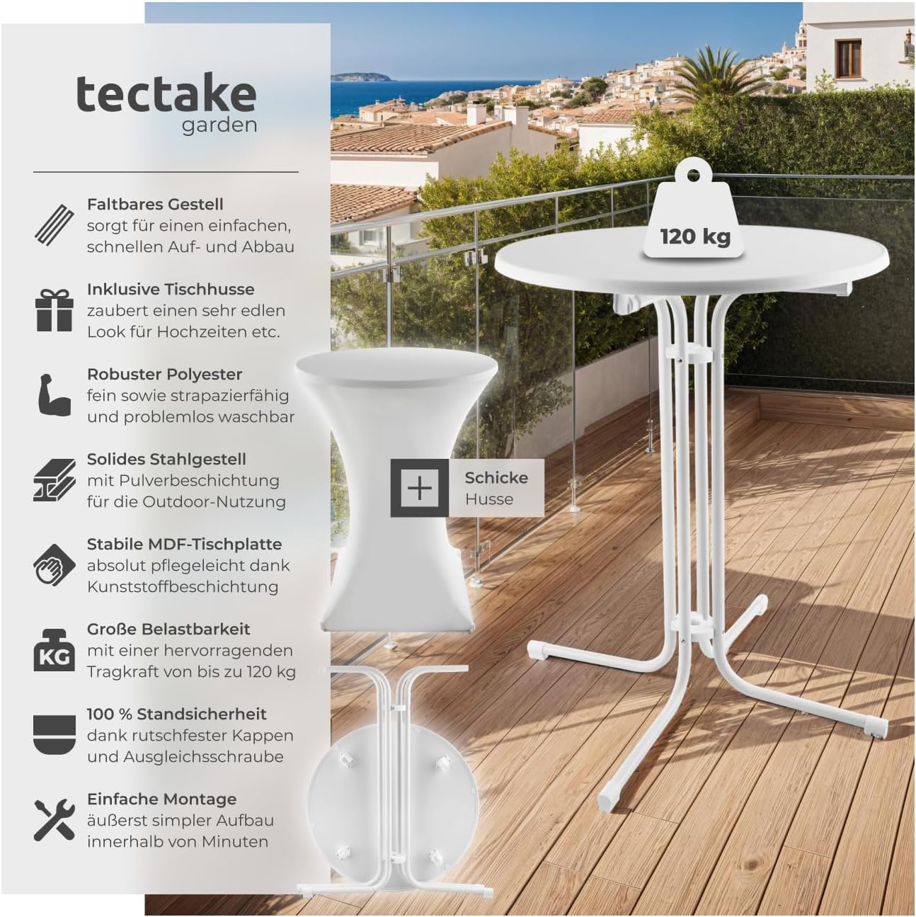 tectake Gastro-Bartisch, klappbarer Bistrotisch mit Abdeckung, Tischdurchmesser 80 cm, Bartisch mit MDF-Tischplatte, klappbarer Gartentisch, Klapptisch, rund, Stahlgestell, stabil und robust, weiß, 1 Bartisch – Bild 4
