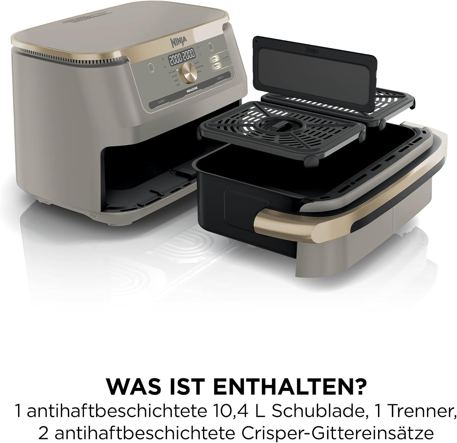 Ninja Foodi FlexDrawer Heißluftfritteuse, Dual-Zone, lässt sich in MegaZone 10,4 l umwandeln, Dual-Zone, mit wenig bis gar keinem Öl, antihaftbeschichtete, spülmaschinenfeste Teile, Stone Gold AF500EUSD – Bild 12