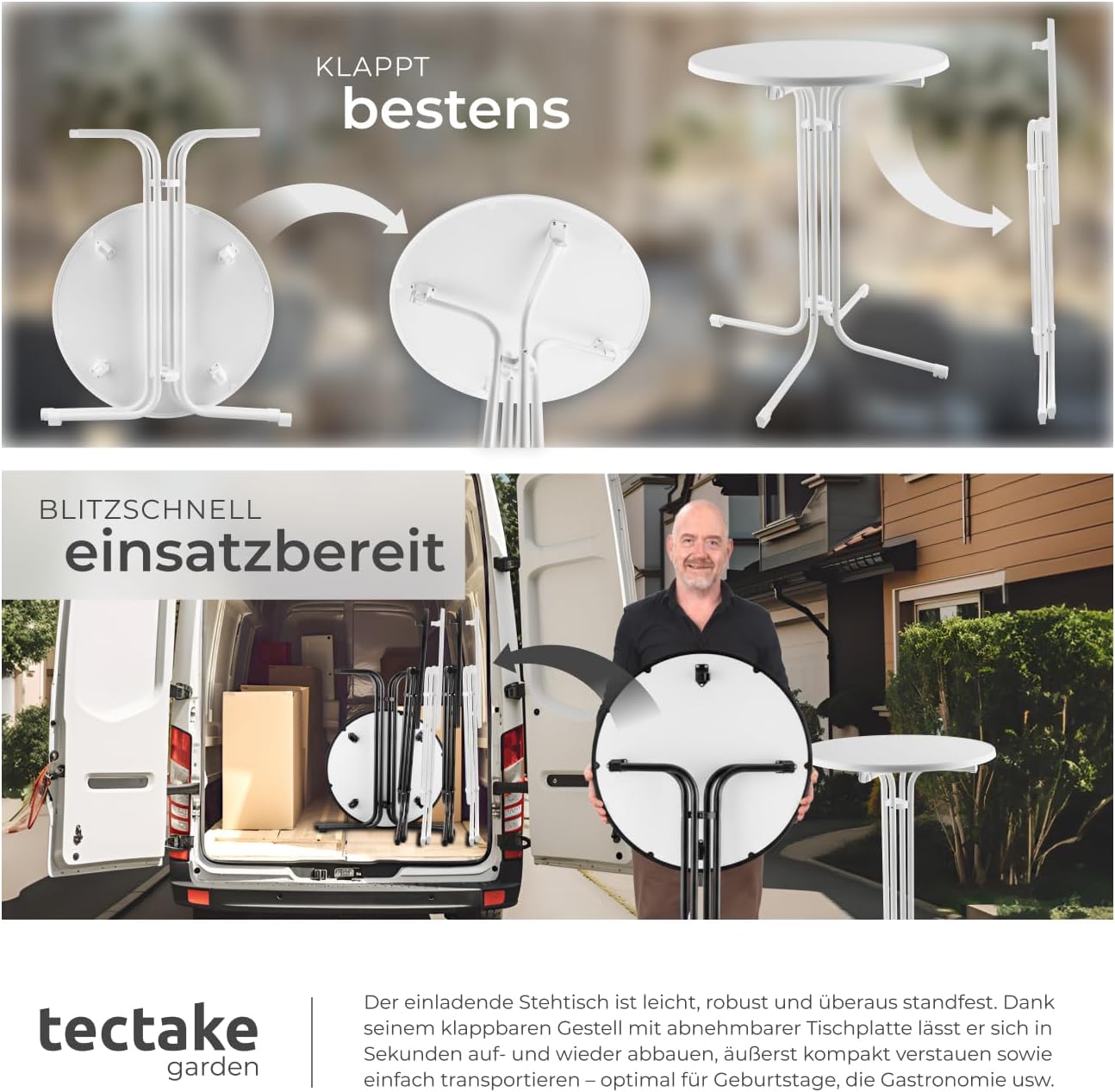 tectake Gastro-Bartisch, klappbarer Bistrotisch mit Abdeckung, Tischdurchmesser 80 cm, Bartisch mit MDF-Tischplatte, klappbarer Gartentisch, Klapptisch, rund, Stahlgestell, stabil und robust, weiß, 1 Bartisch – Bild 7