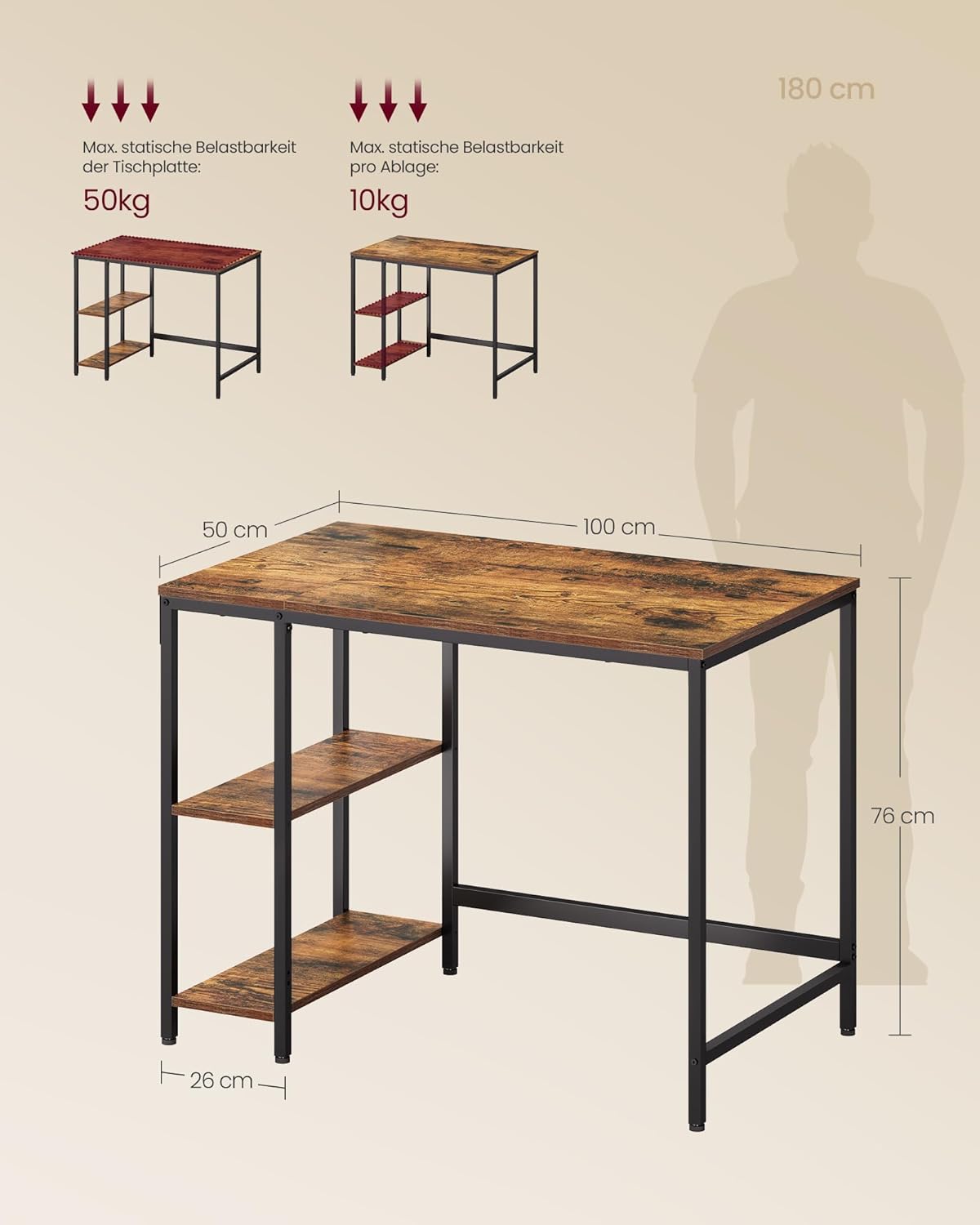 VASAGLE LWD046B01 Schreibtisch, Computertisch, PC-Schreibtisch, Bürotisch mit 2 Ablagen auf der rechten oder linken Seite, für Büro, Wohnzimmer, Stahlgestell, Industriedesign, Vintage-Braun/Schwarz – Bild 3