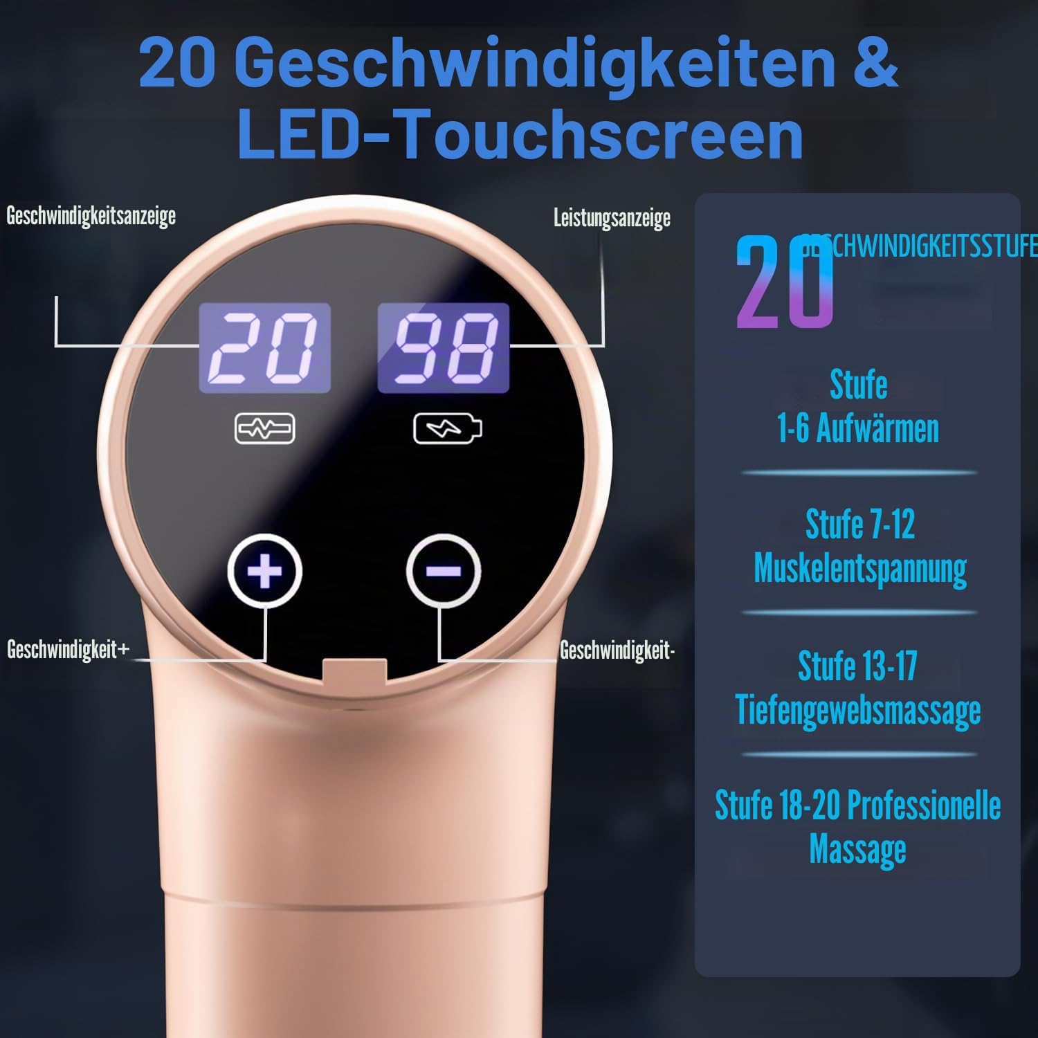 Massagepistole, Muskel-Percussion-Massagegerät, Massagepistole mit LED-Touchscreen, 20 Geschwindigkeiten, 9 Massageköpfe, Tragetasche, leise elektrische Massagepistole, Geschenk für Männer und Frauen – Bild 2