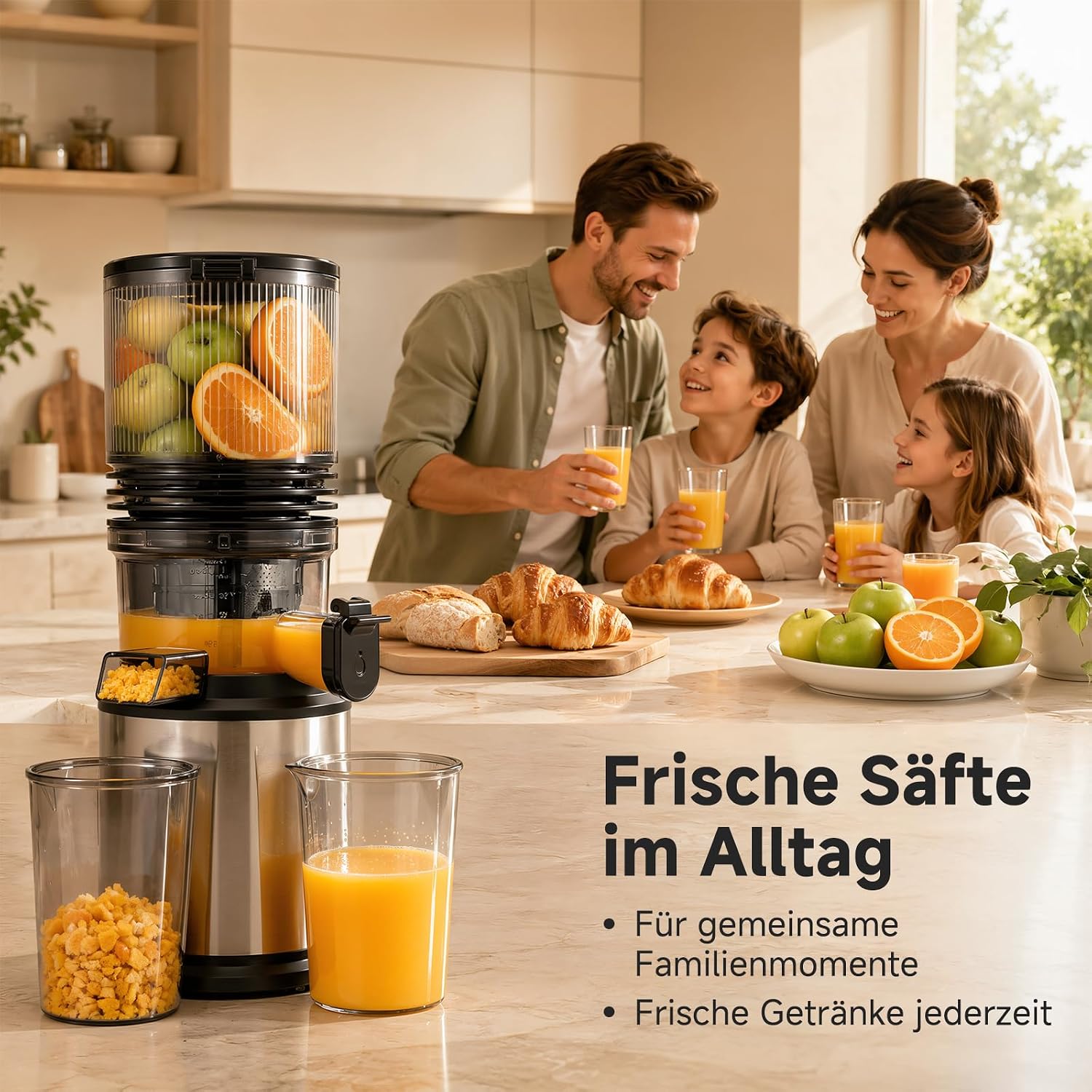 AMZCHEF Entsafter – Langsamer Entsafter mit 158 mm Einfüllschacht für ganzes Gemüse und Obst, leicht zu reinigen, Kaltpress-Entsafter mit Saft- und Tresterbecher, hohe Saftausbeute, Silber/Schwarz – Bild 4