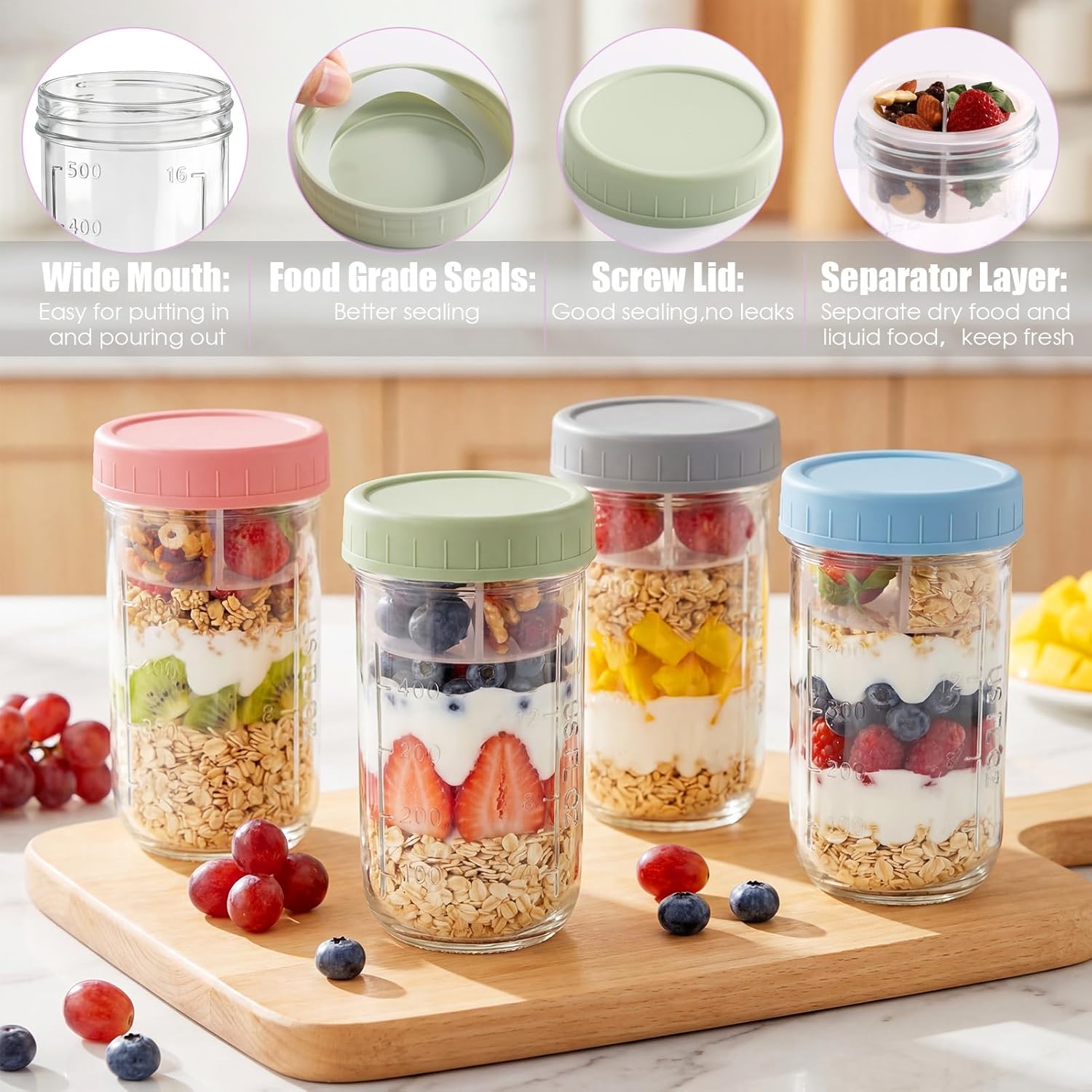4 Stück Overnight Oats Gläser 640 ml Meal Prep Gläser mit Schichtung, Overnight Oats Behälter mit Schraubdeckel, Trocken- und Nasstrennung Müslibecher, Joghurtbecher für Salat, Joghurt, Müsli – Bild 3